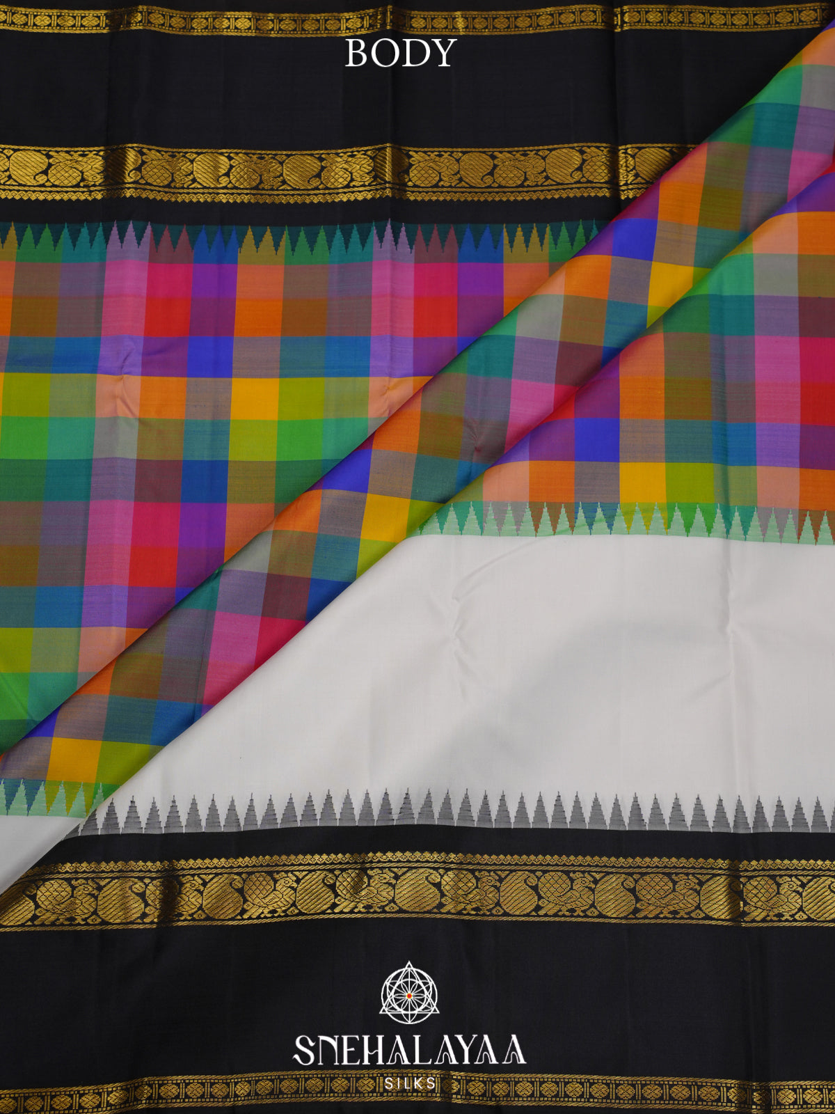 Multi Colour Checked Kanjivaram Silk Saree with Black Rettapet Zari Border