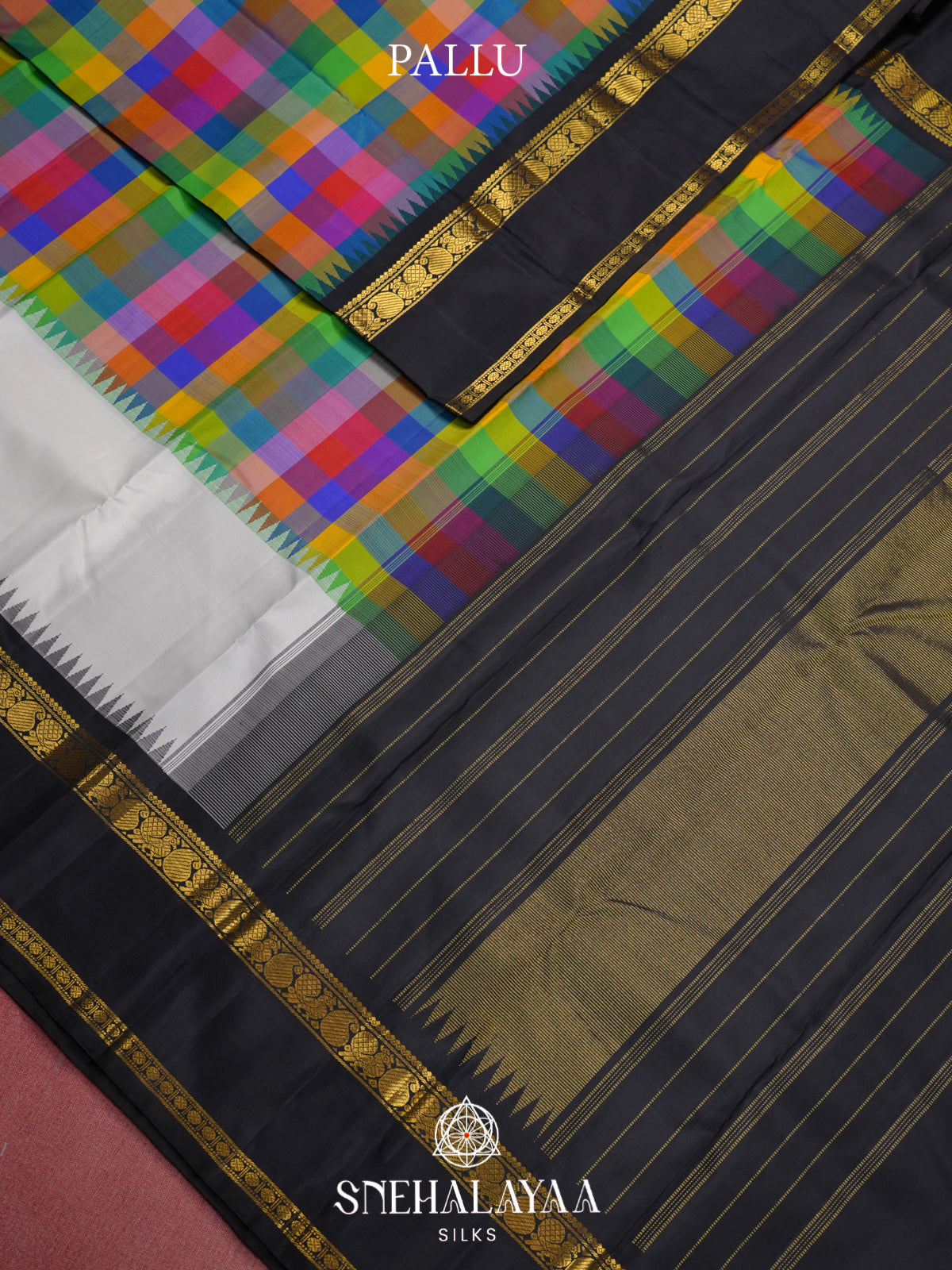 Multi Colour Checked Kanjivaram Silk Saree with Black Rettapet Zari Border