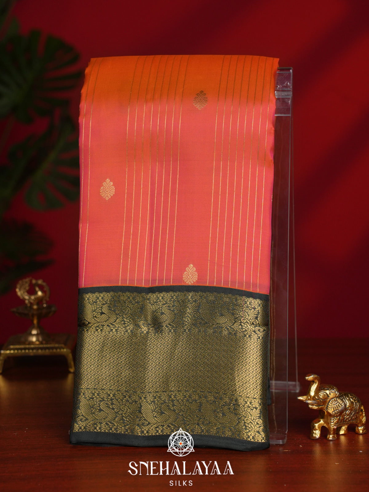 Coral Peach Kanjivaram Silk Saree