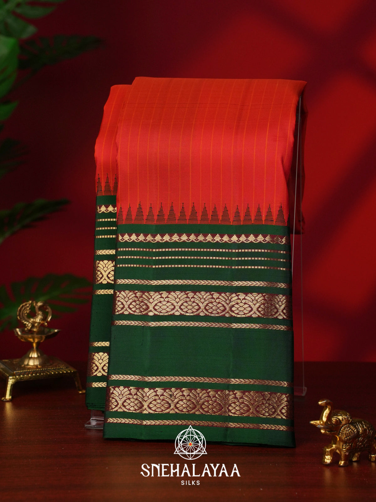 Coral Red Kanjivaram Silk Saree
