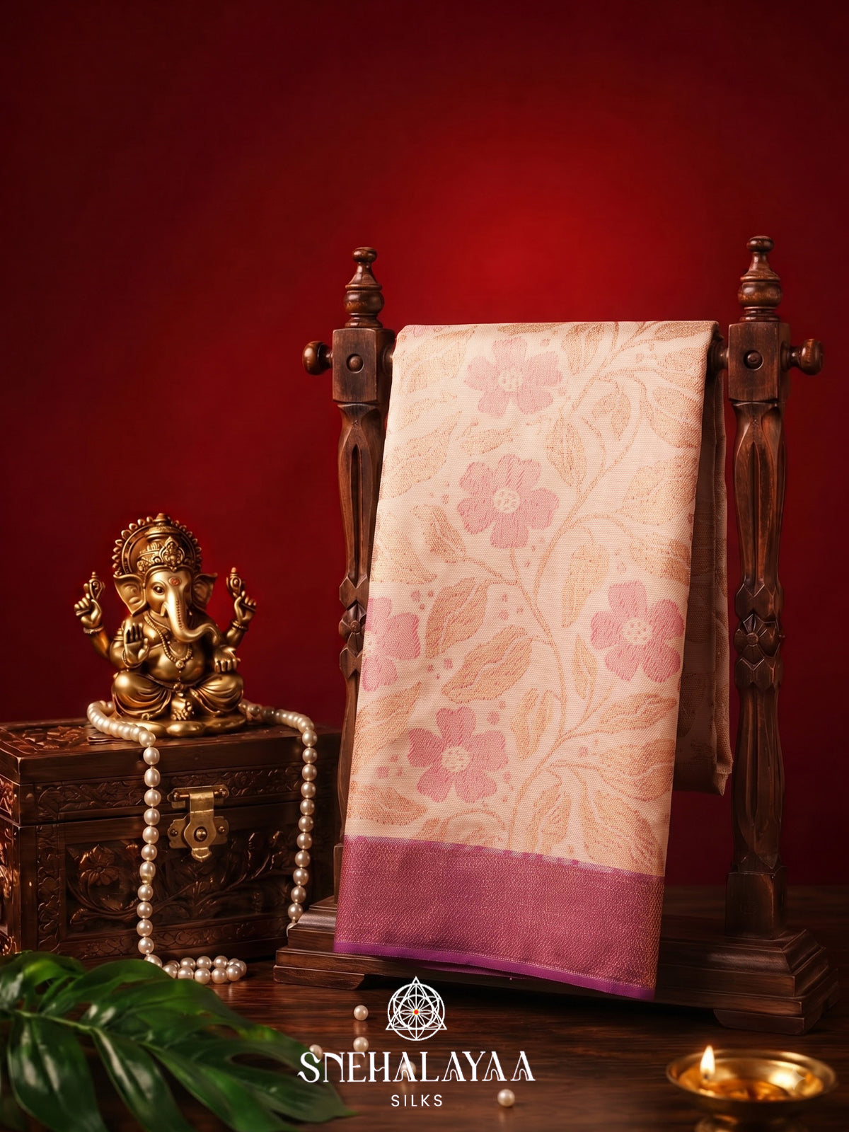 Peach Kanjivaram Silk Saree with Floral Zari Weaving and Magenta Zari Border