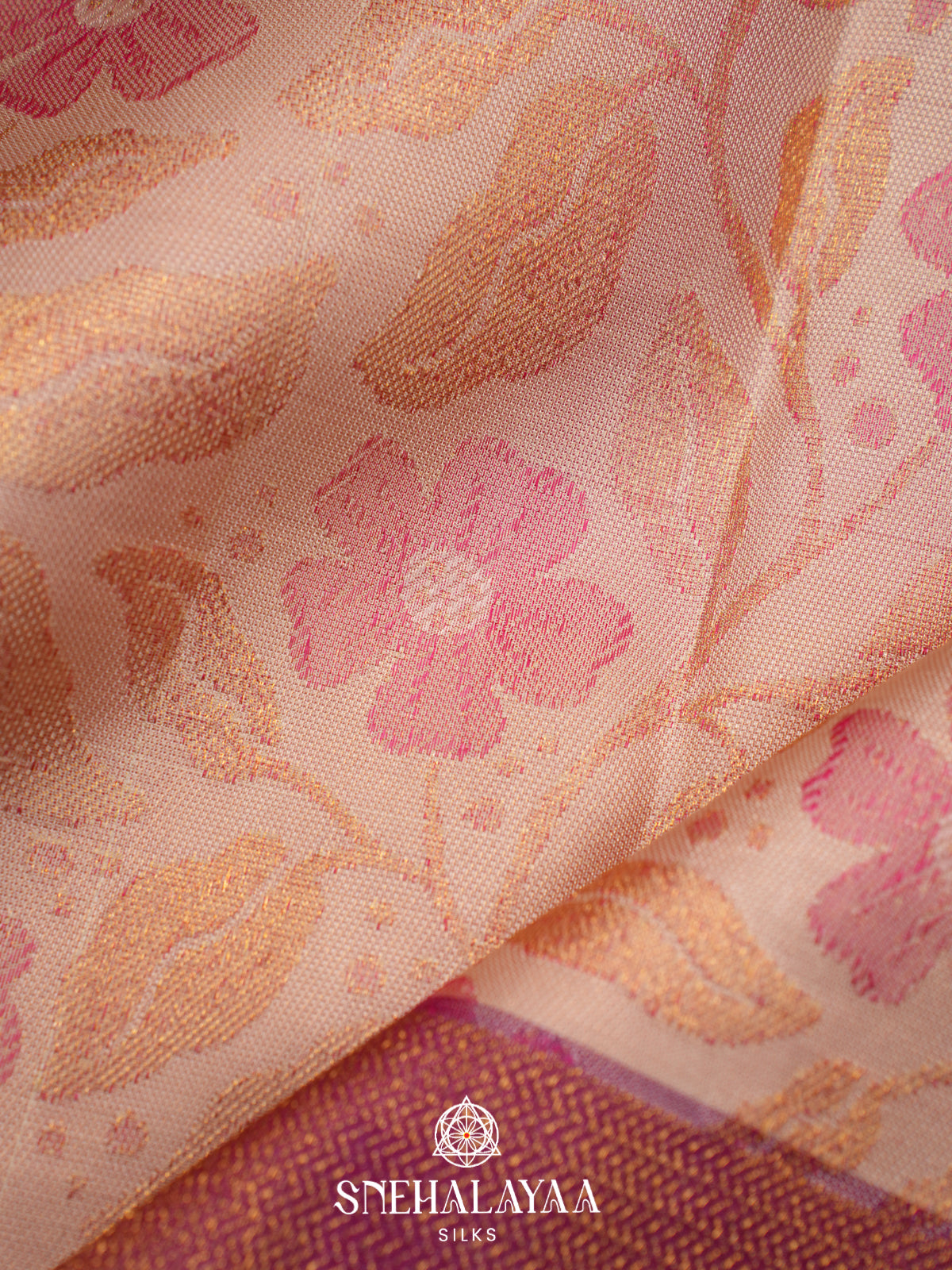 Peach Kanjivaram Silk Saree with Floral Zari Weaving and Magenta Zari Border