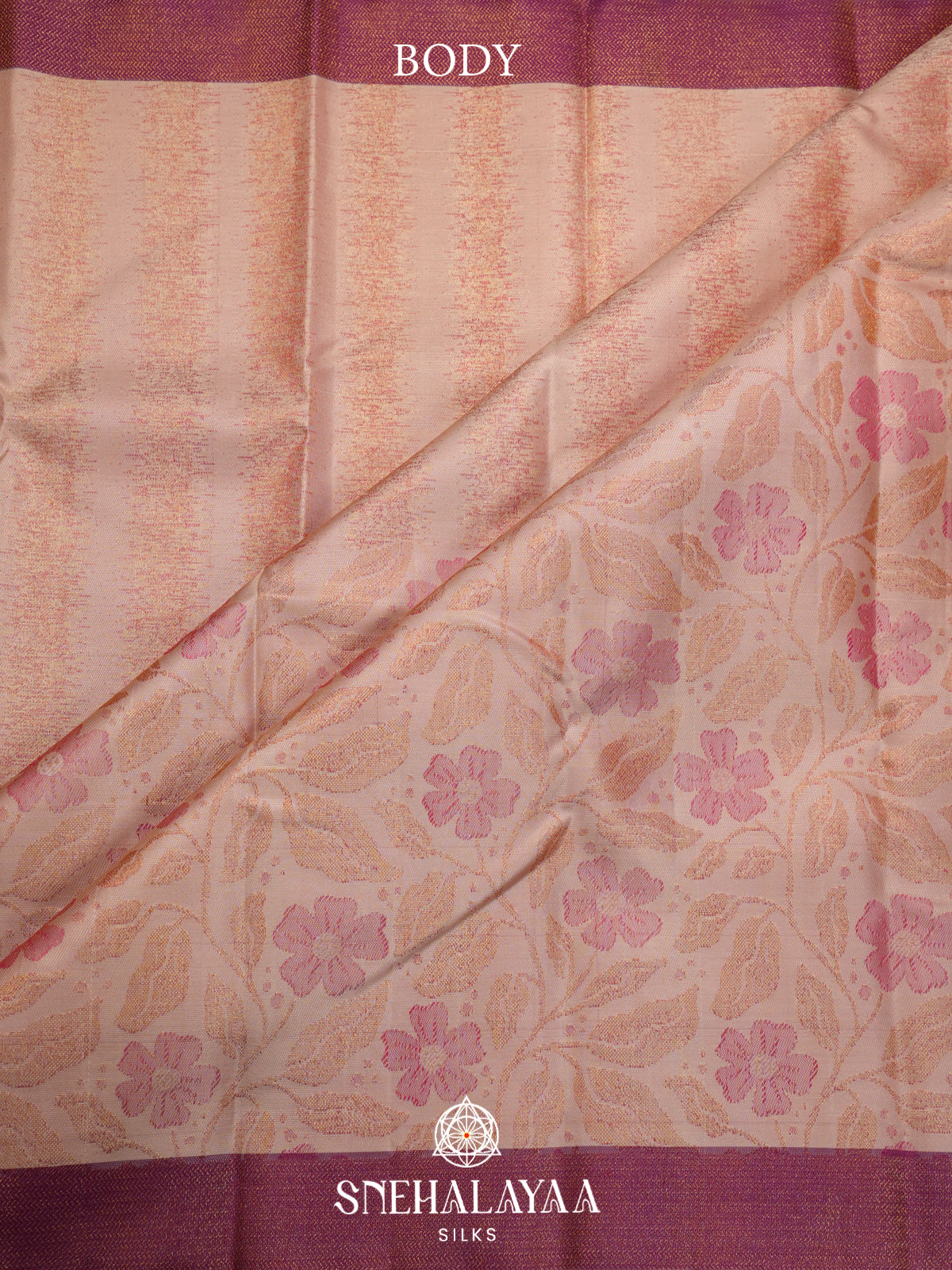 Peach Kanjivaram Silk Saree with Floral Zari Weaving and Magenta Zari Border