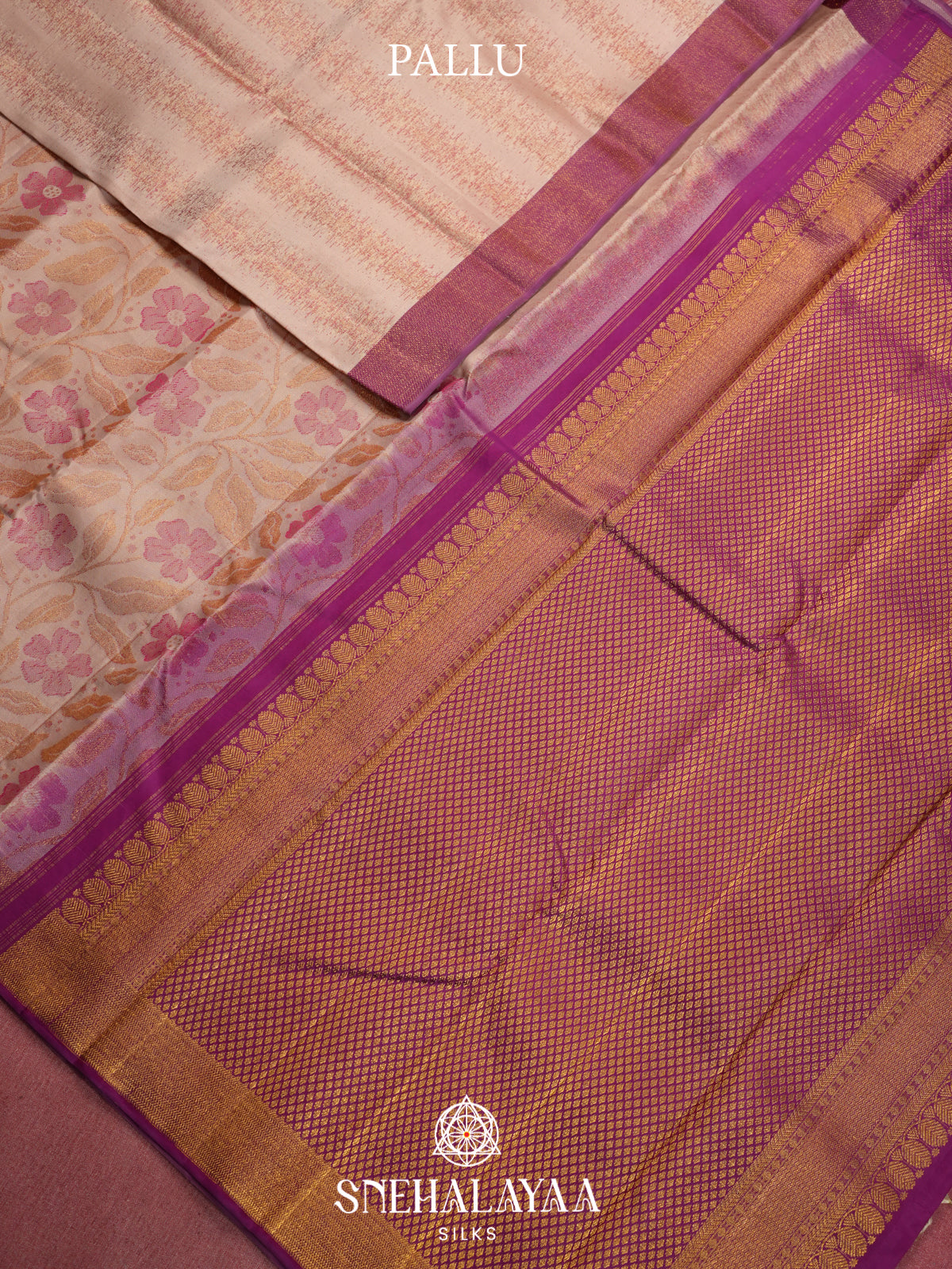 Peach Kanjivaram Silk Saree with Floral Zari Weaving and Magenta Zari Border
