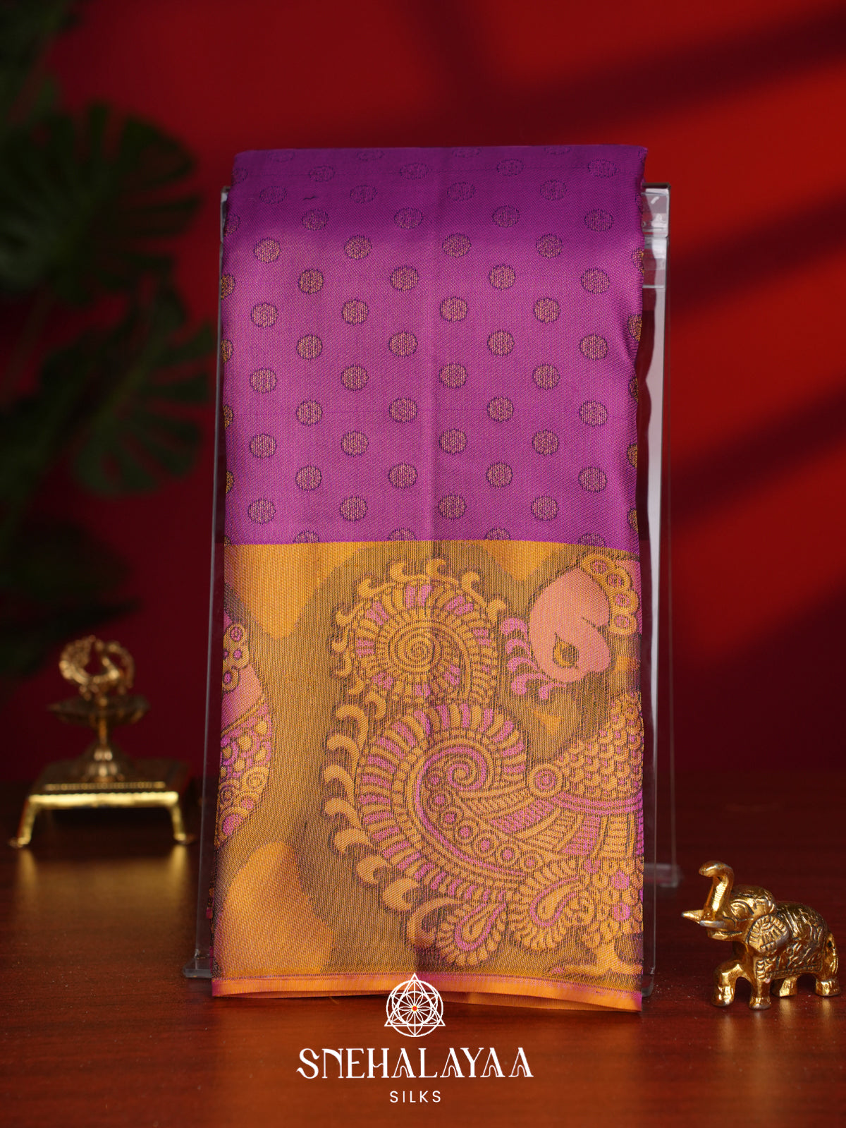 Magenta Pink Kanjivaram Silk Saree with Mustard Yellow Peacock Border