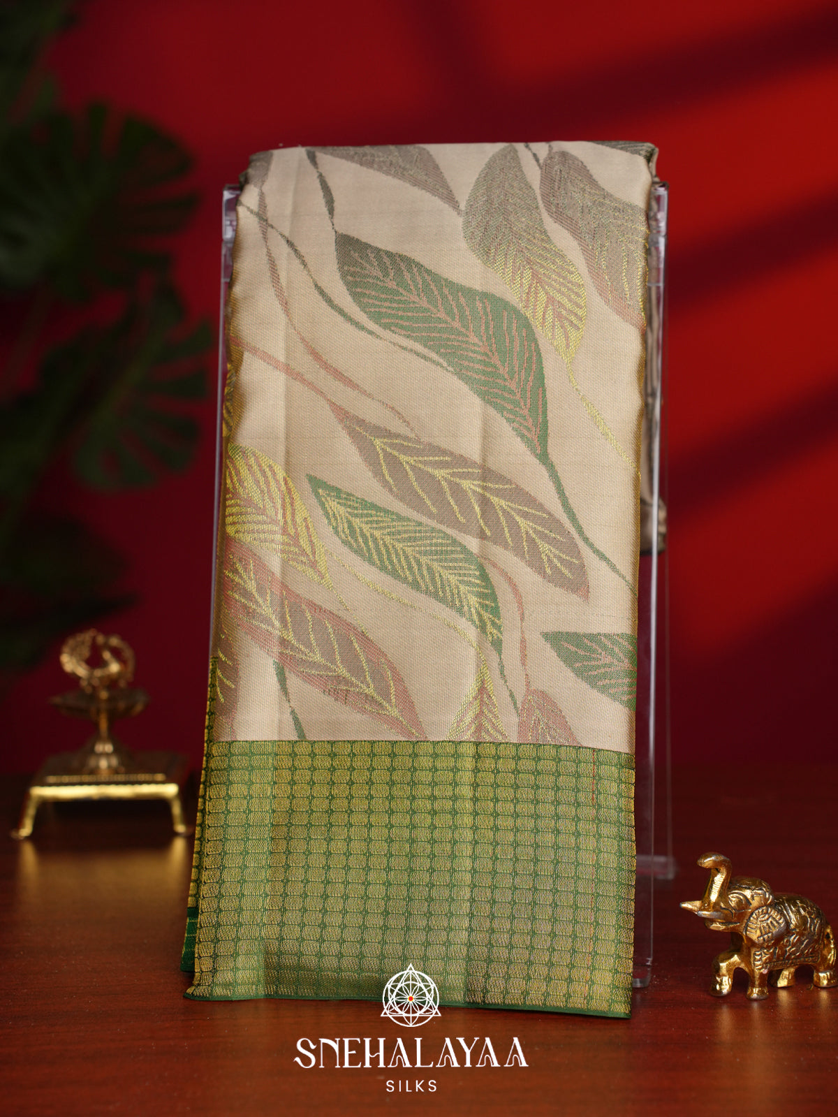 Beige Kanjivaram Silk Saree with Leaf Weaving and Gold Zari Border