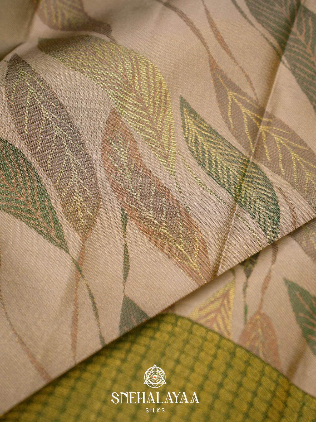 Beige Kanjivaram Silk Saree with Leaf Weaving and Gold Zari Border