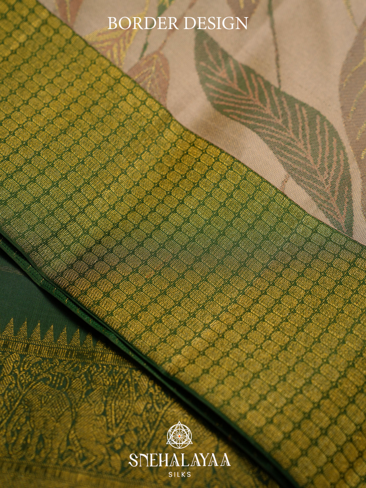Beige Kanjivaram Silk Saree with Leaf Weaving and Gold Zari Border