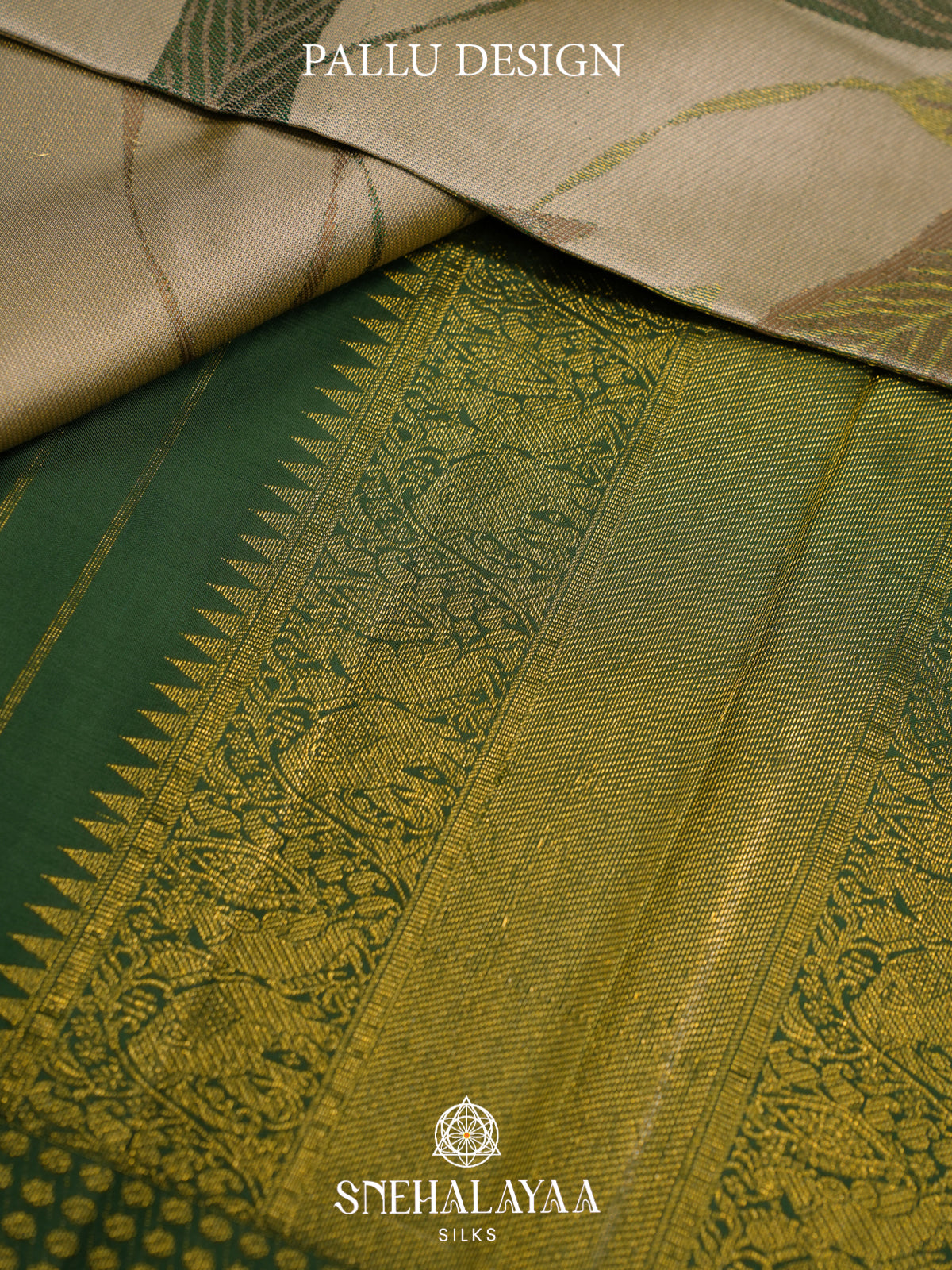 Beige Kanjivaram Silk Saree with Leaf Weaving and Gold Zari Border