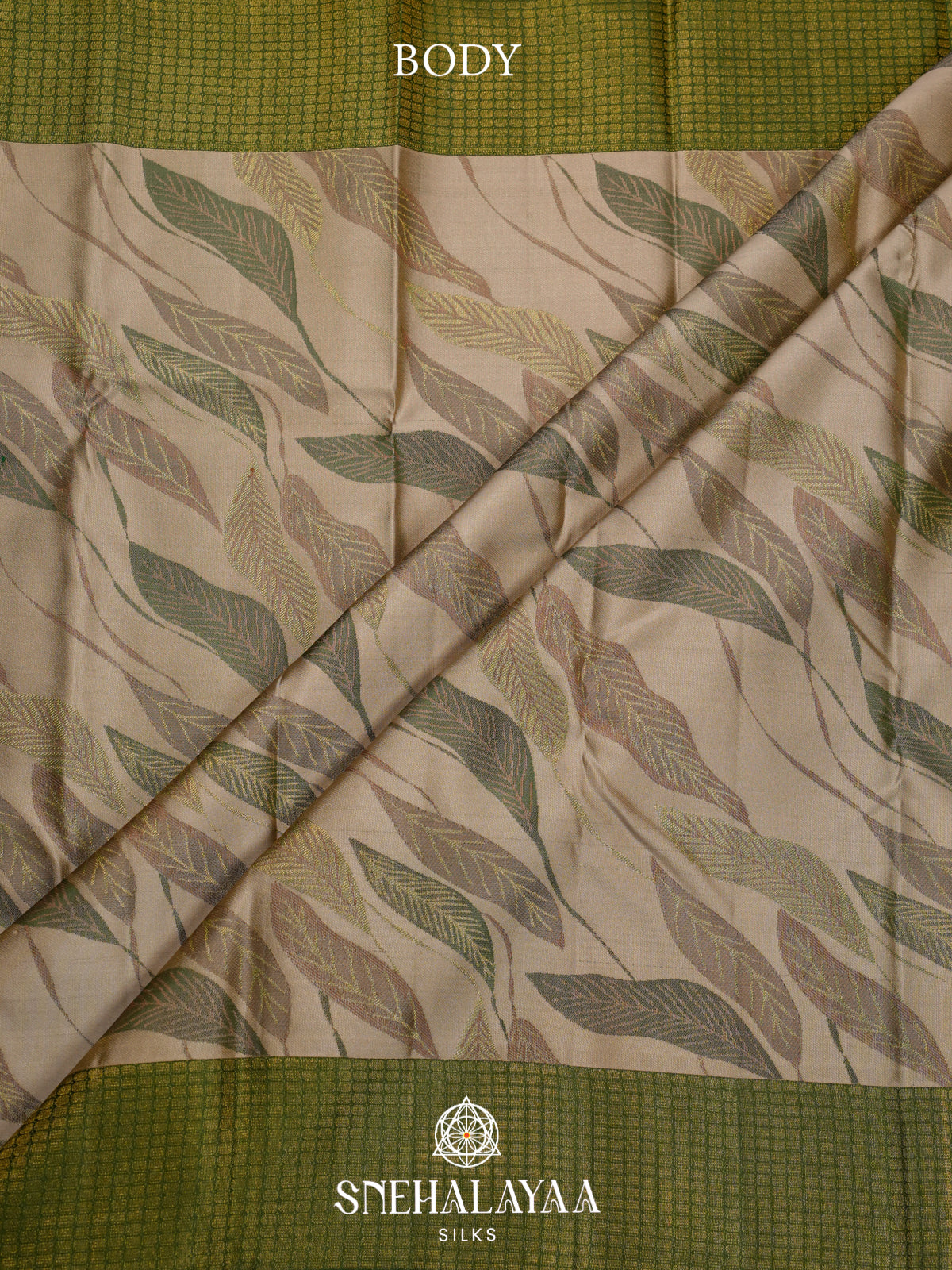 Beige Kanjivaram Silk Saree with Leaf Weaving and Gold Zari Border