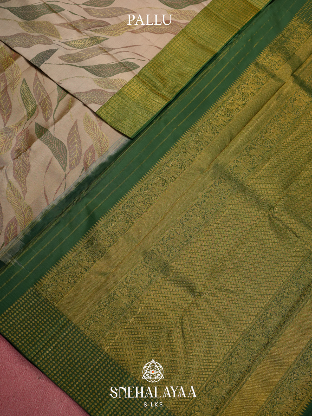 Beige Kanjivaram Silk Saree with Leaf Weaving and Gold Zari Border