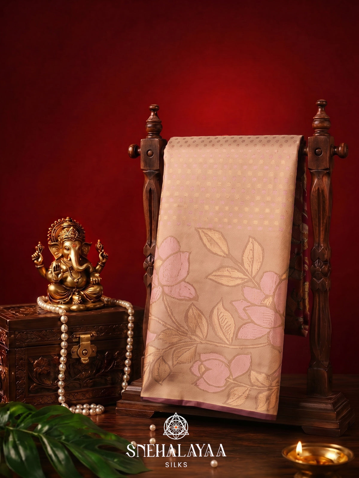 Beige Kanjivaram Silk Saree with Floral Zari Design