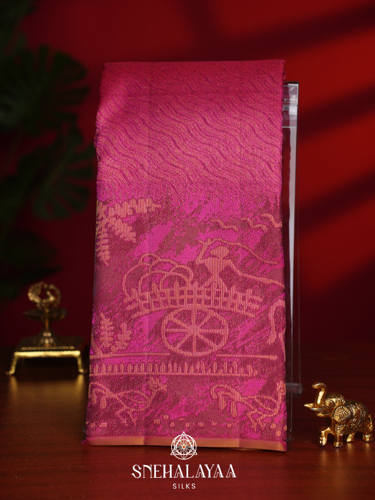 Rani Pink Kanjivaram Silk Saree with Village Themed Zari Border
