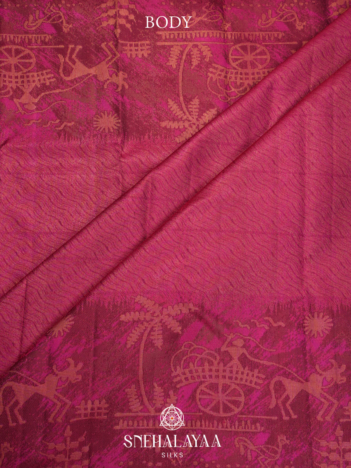 Rani Pink Kanjivaram Silk Saree with Village Themed Zari Border