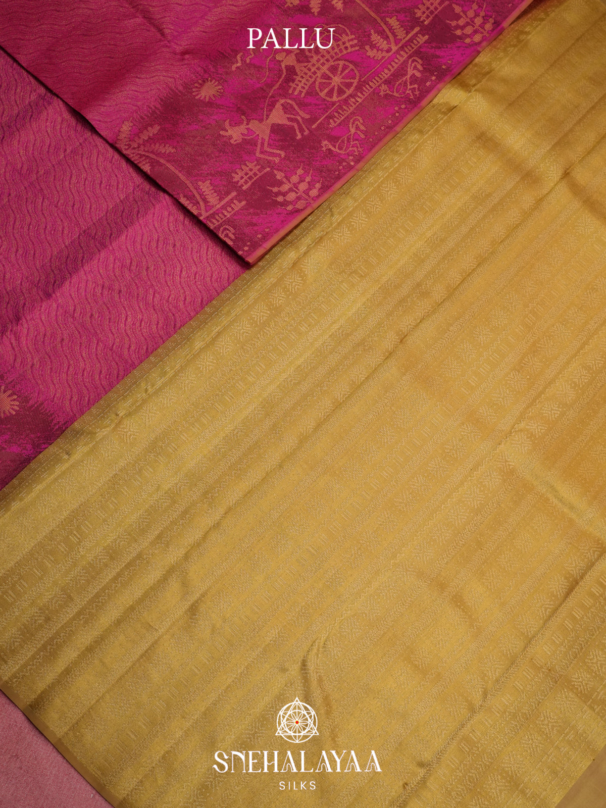 Rani Pink Kanjivaram Silk Saree with Village Themed Zari Border