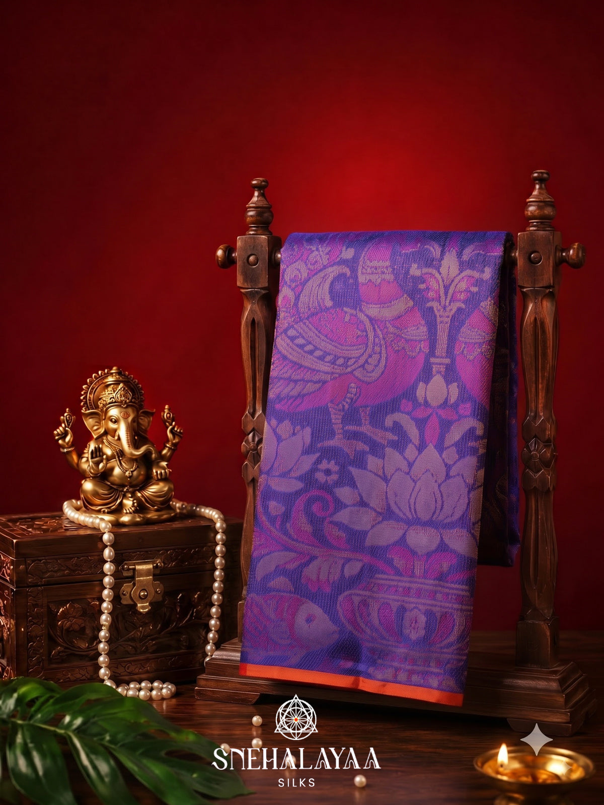 Purple Checked Kanjivaram Silk Saree with Peacock Border