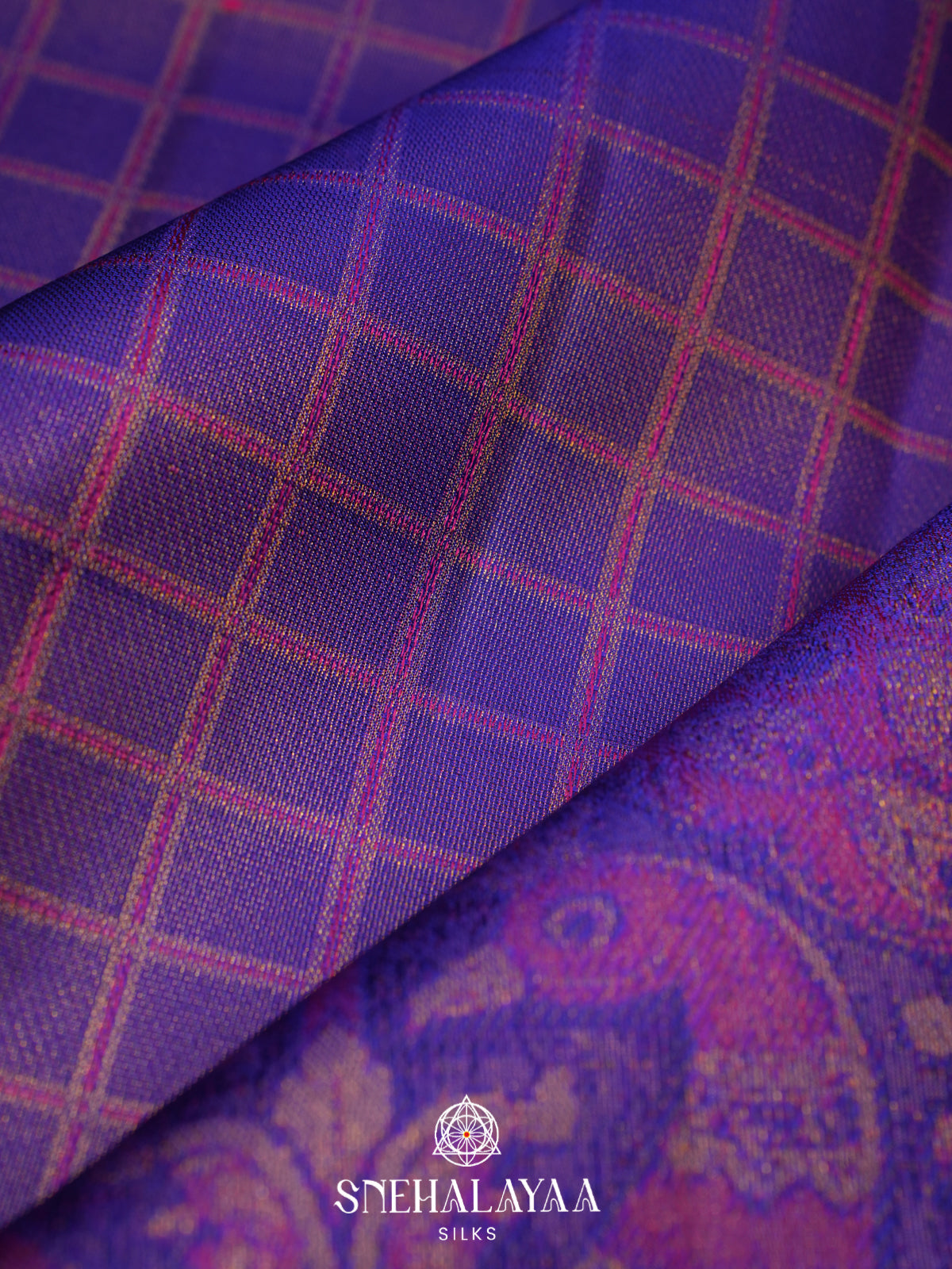 Purple Checked Kanjivaram Silk Saree with Peacock Border