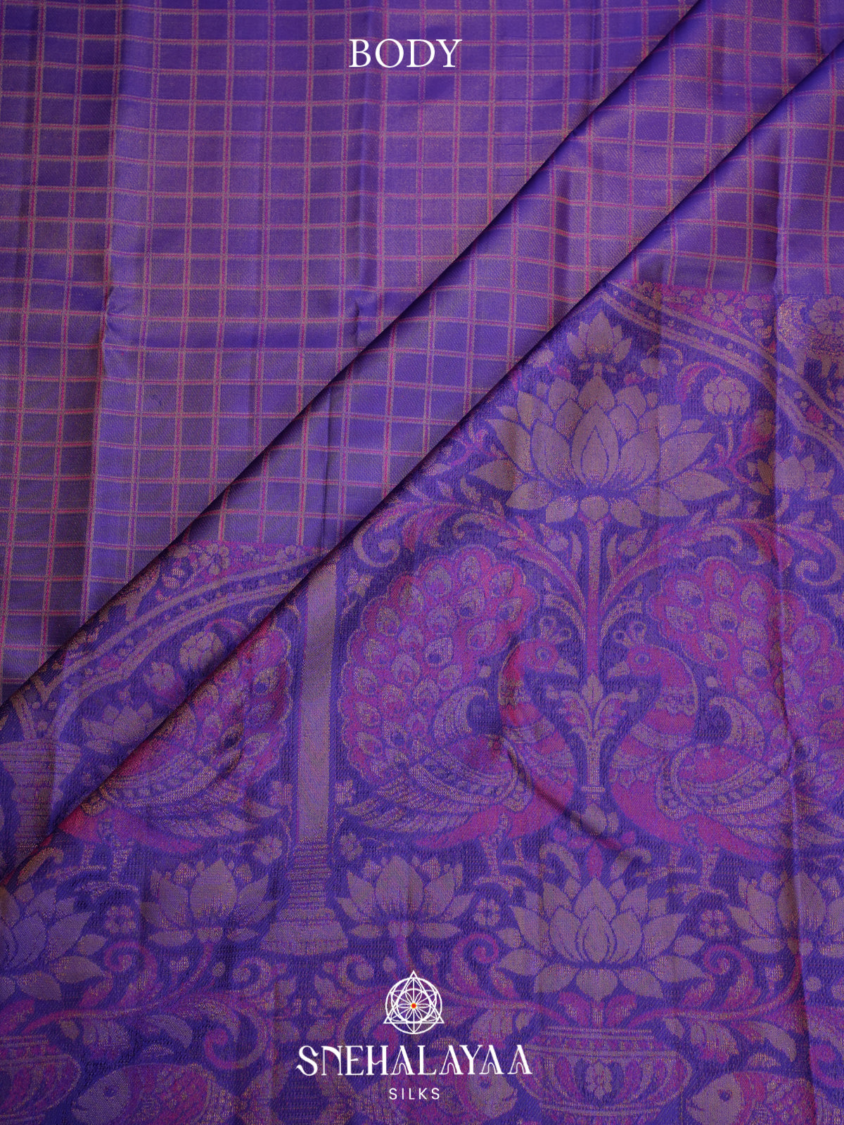 Purple Checked Kanjivaram Silk Saree with Peacock Border