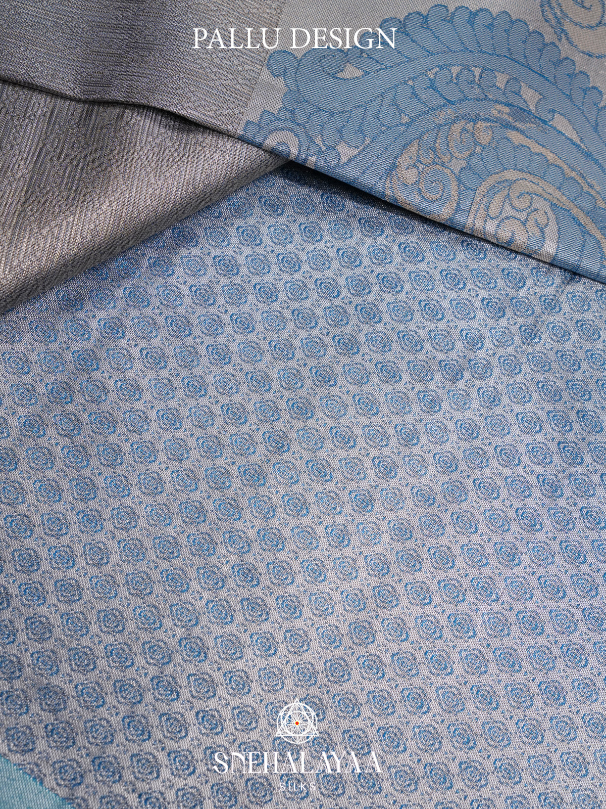 Silver Grey Kanjivaram Silk Saree with Blue Peacock Border