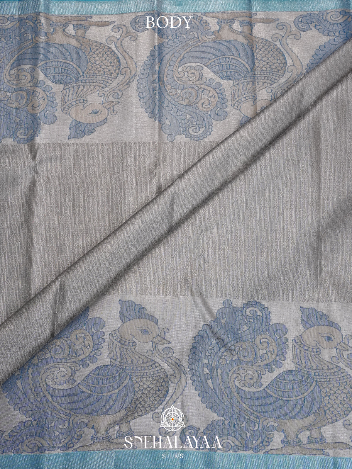 Silver Grey Kanjivaram Silk Saree with Blue Peacock Border