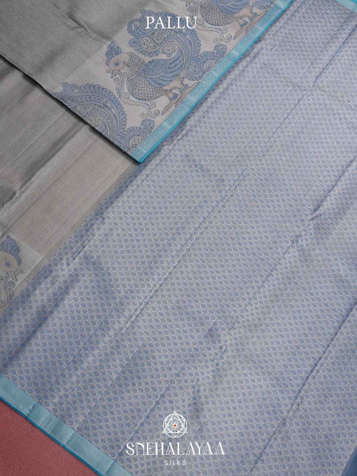 Silver Grey Kanjivaram Silk Saree with Blue Peacock Border