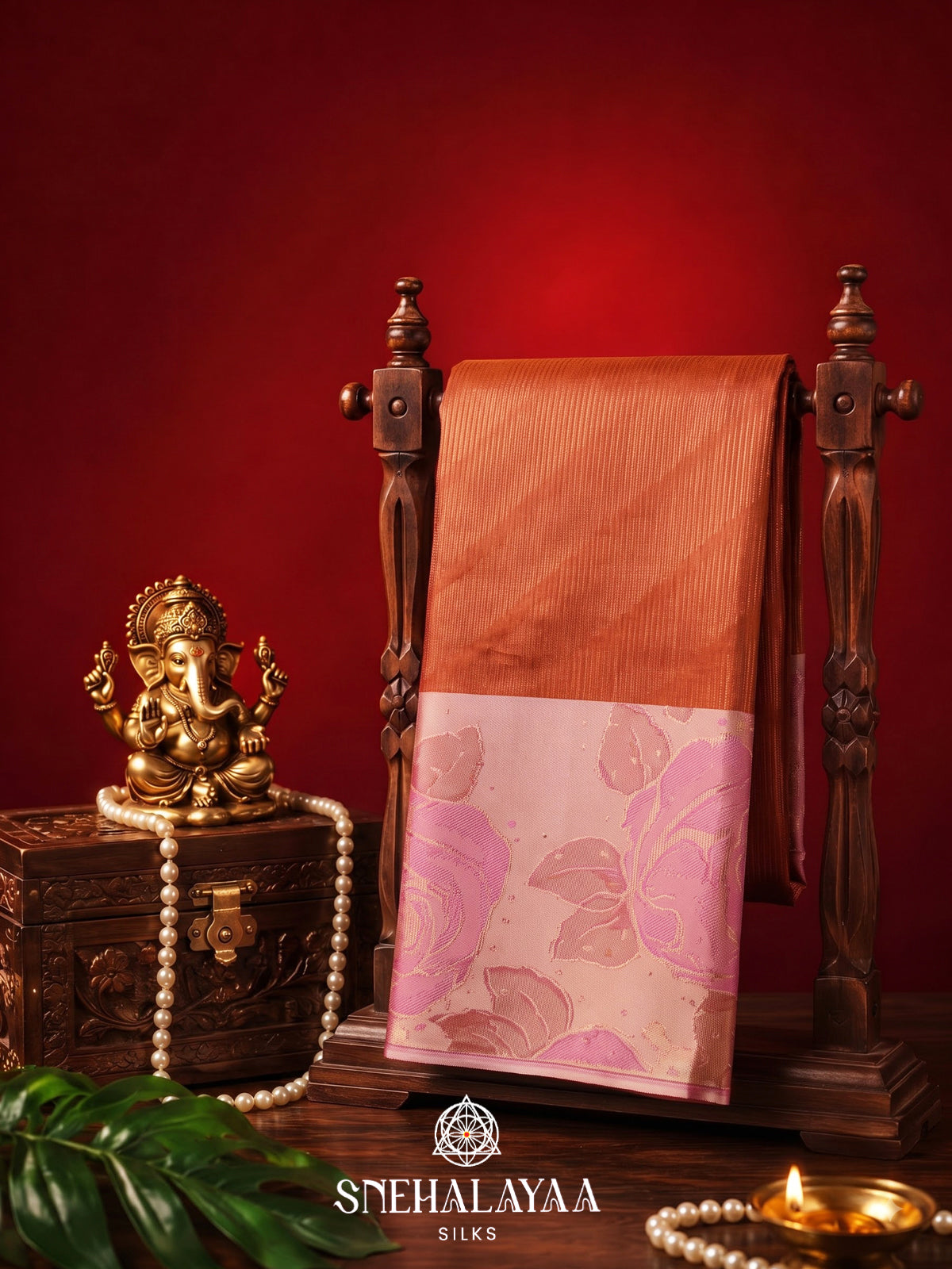Rust Orange Kanjivaram Silk Saree with Pink Rose Zari Border