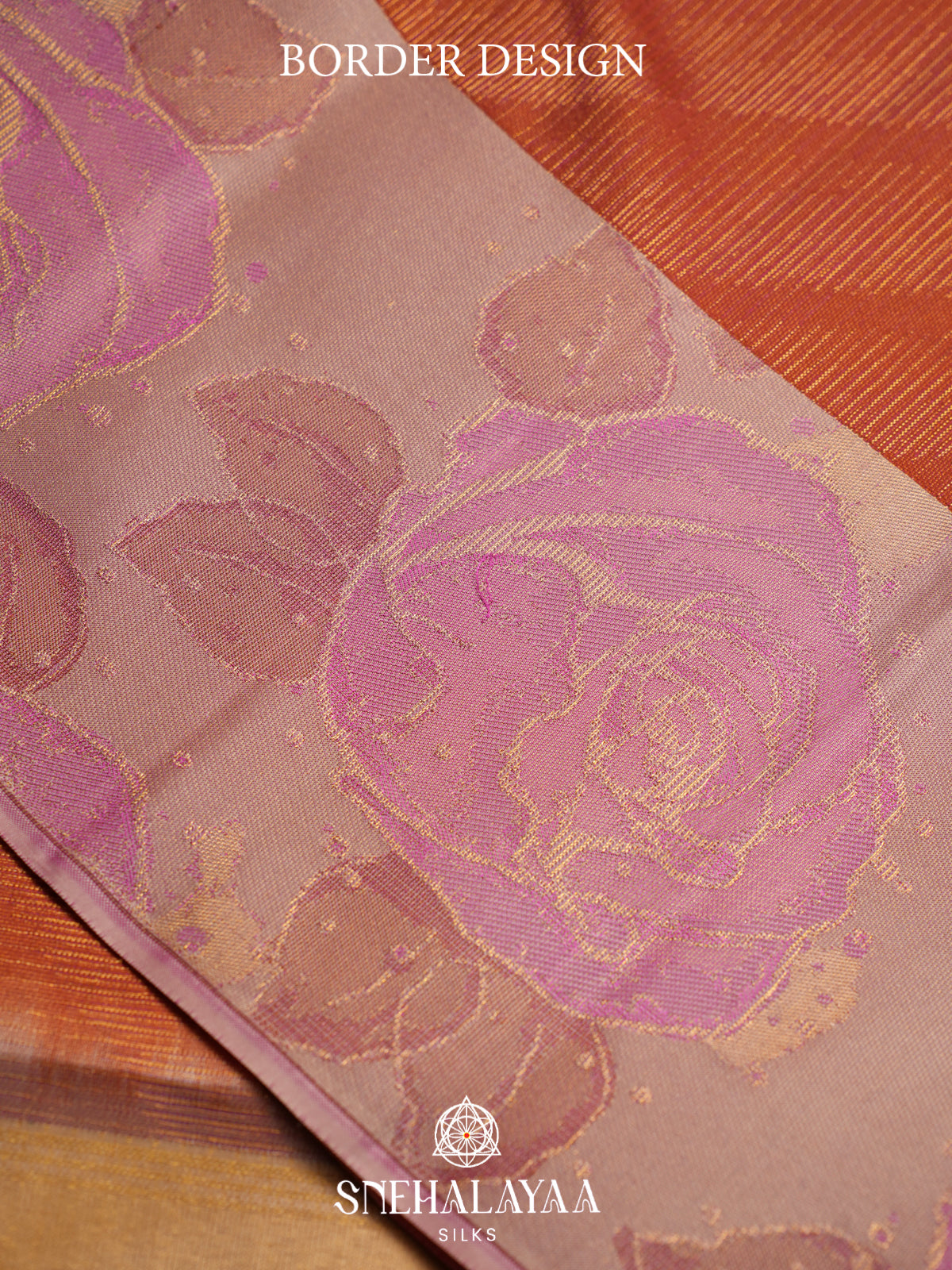 Rust Orange Kanjivaram Silk Saree with Pink Rose Zari Border