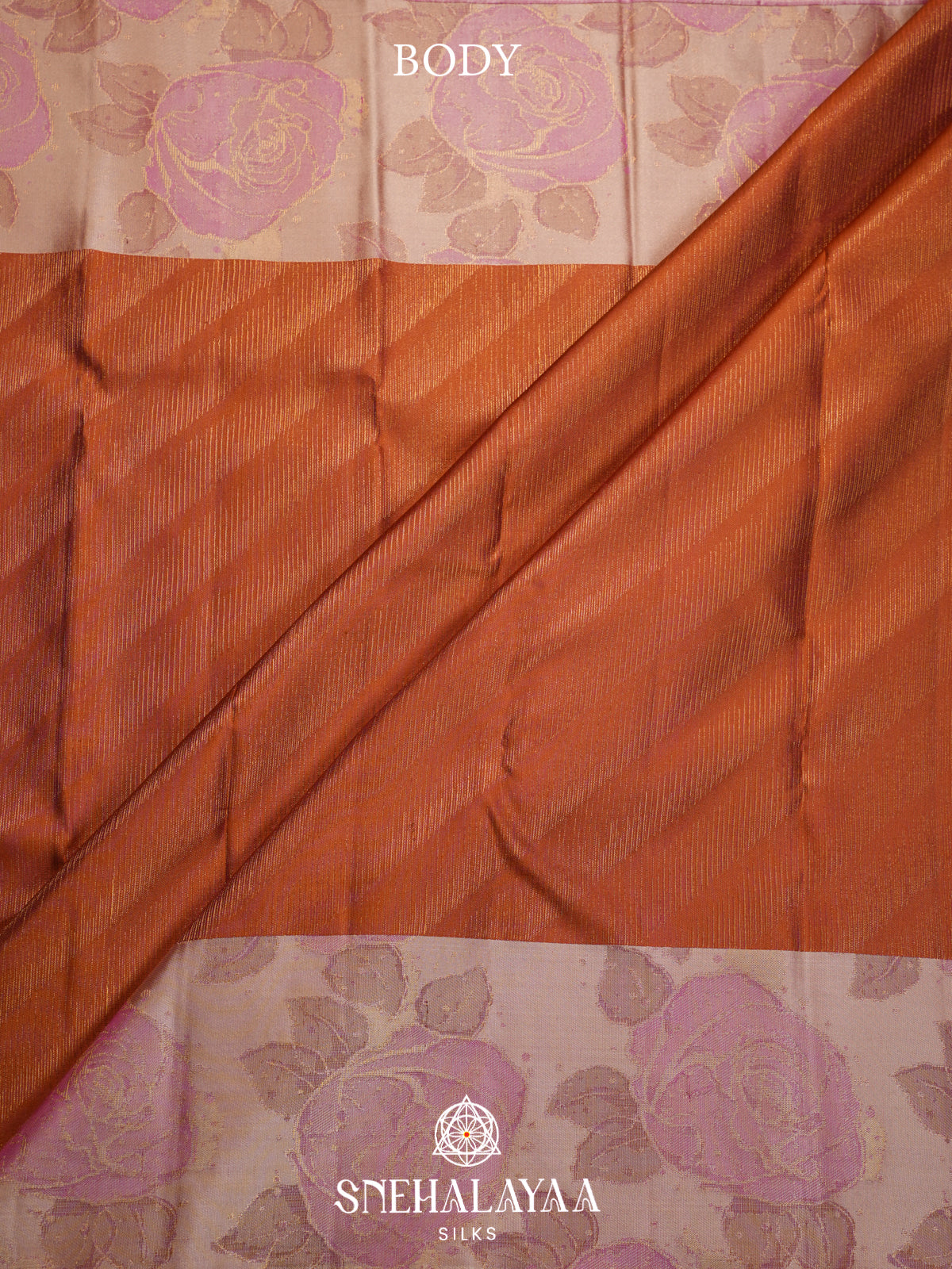 Rust Orange Kanjivaram Silk Saree with Pink Rose Zari Border