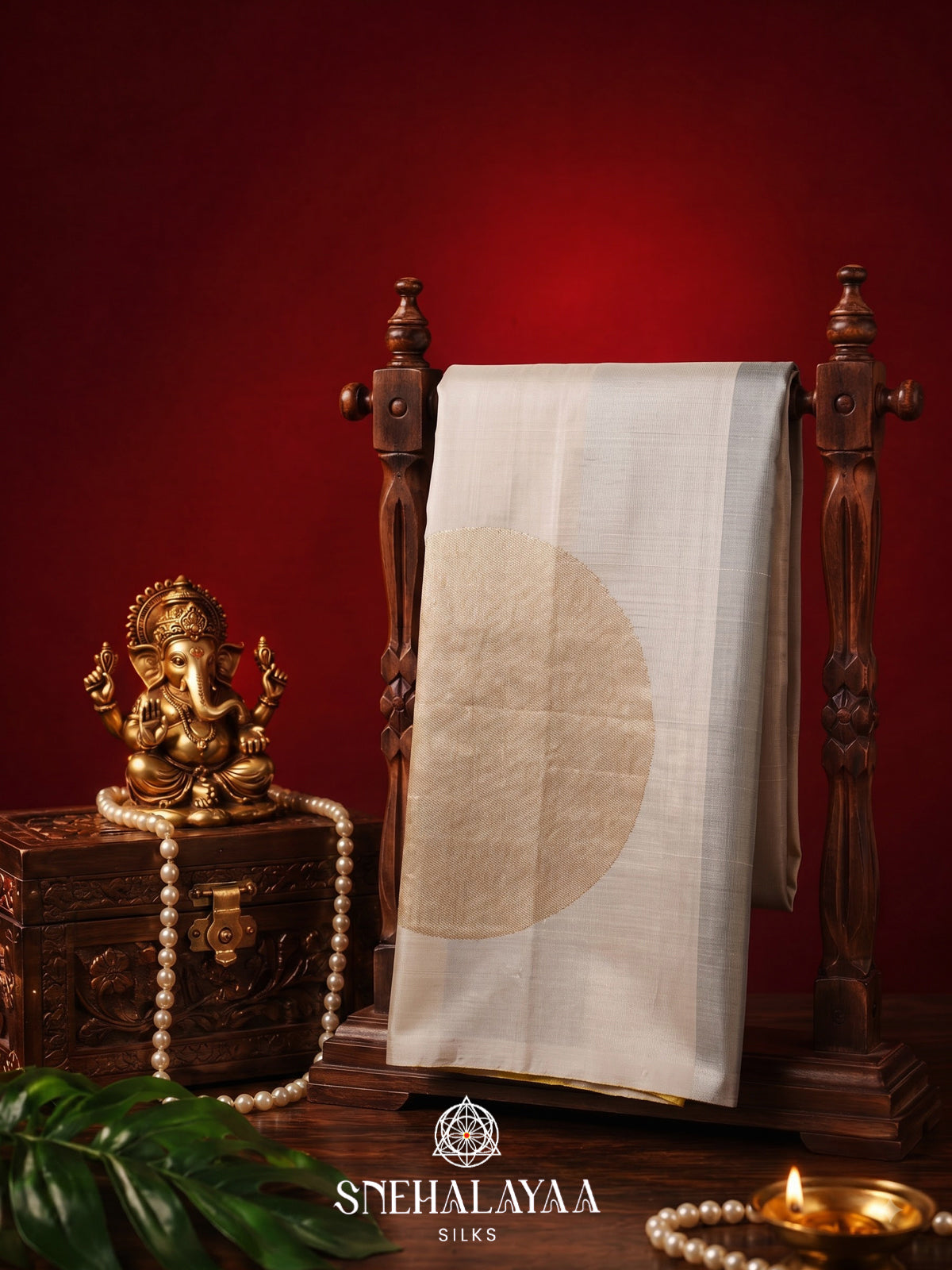 Silver Grey Kanjivaram Silk Saree with Yellow Panels and Gold Zari Circle Motifs