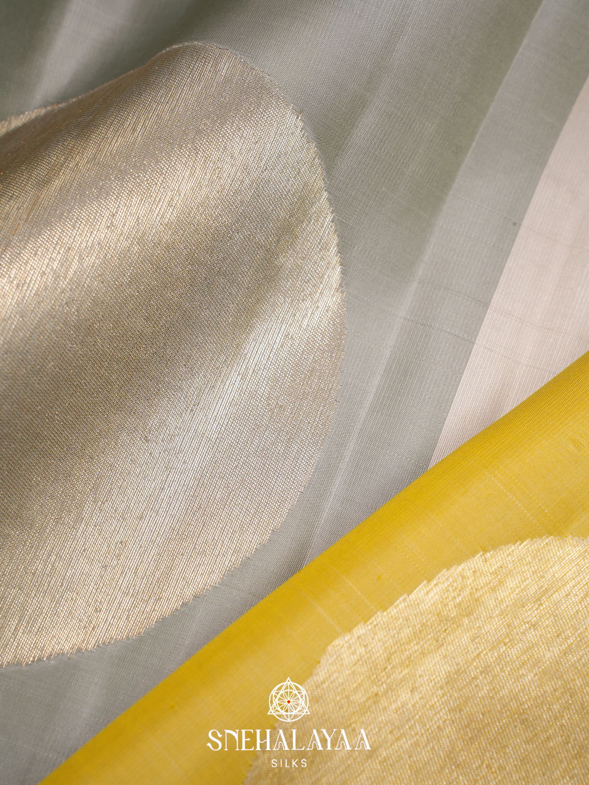 Silver Grey Kanjivaram Silk Saree with Yellow Panels and Gold Zari Circle Motifs