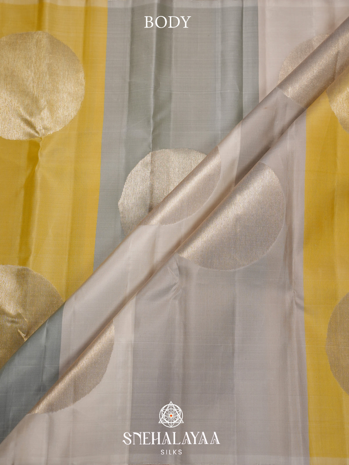 Silver Grey Kanjivaram Silk Saree with Yellow Panels and Gold Zari Circle Motifs