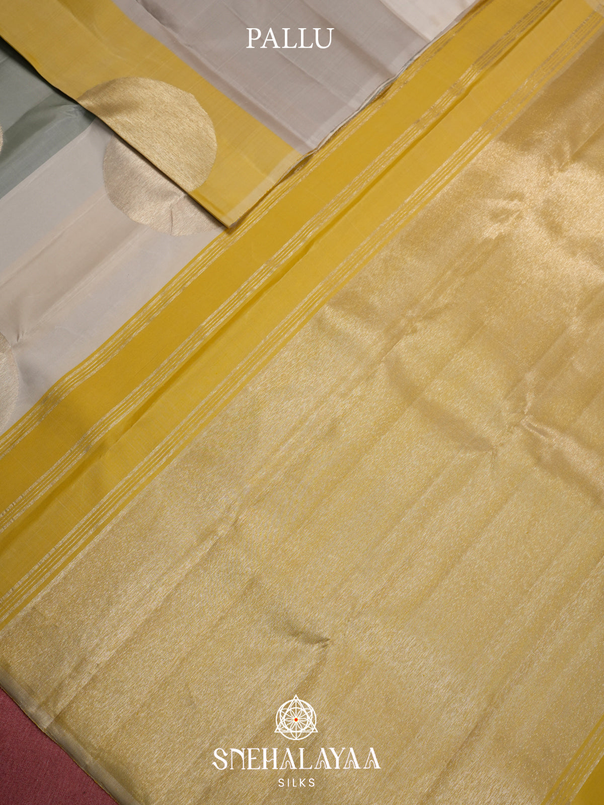 Silver Grey Kanjivaram Silk Saree with Yellow Panels and Gold Zari Circle Motifs