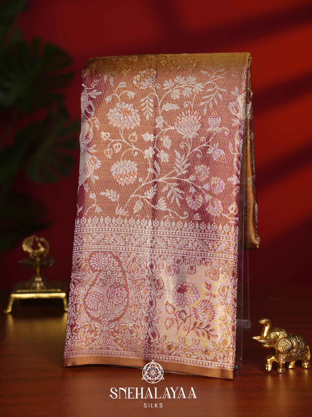 Caramel Brown Kanjivaram Silk Saree with Intricate Floral Zari Design