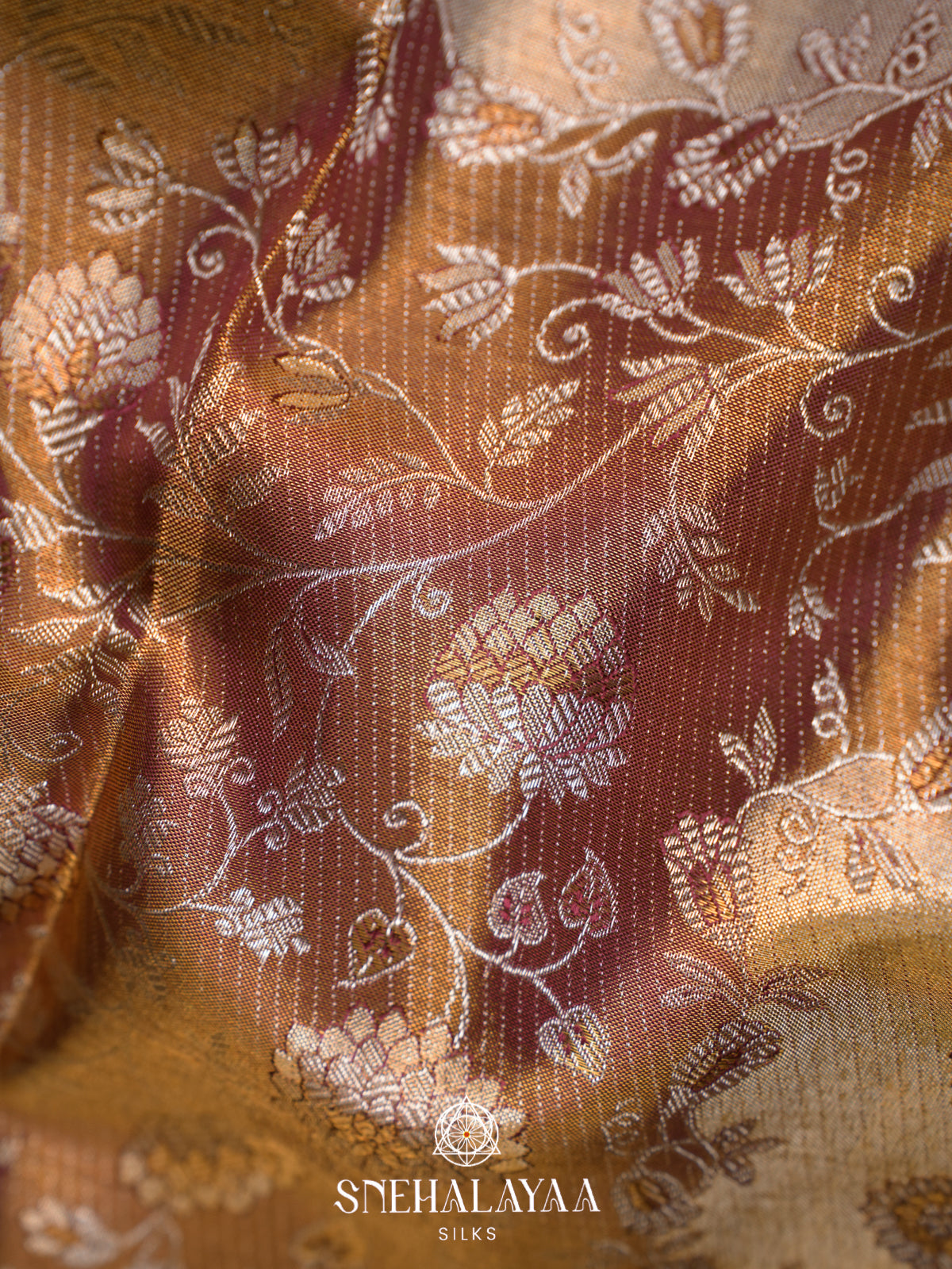 Caramel Brown Kanjivaram Silk Saree with Intricate Floral Zari Design