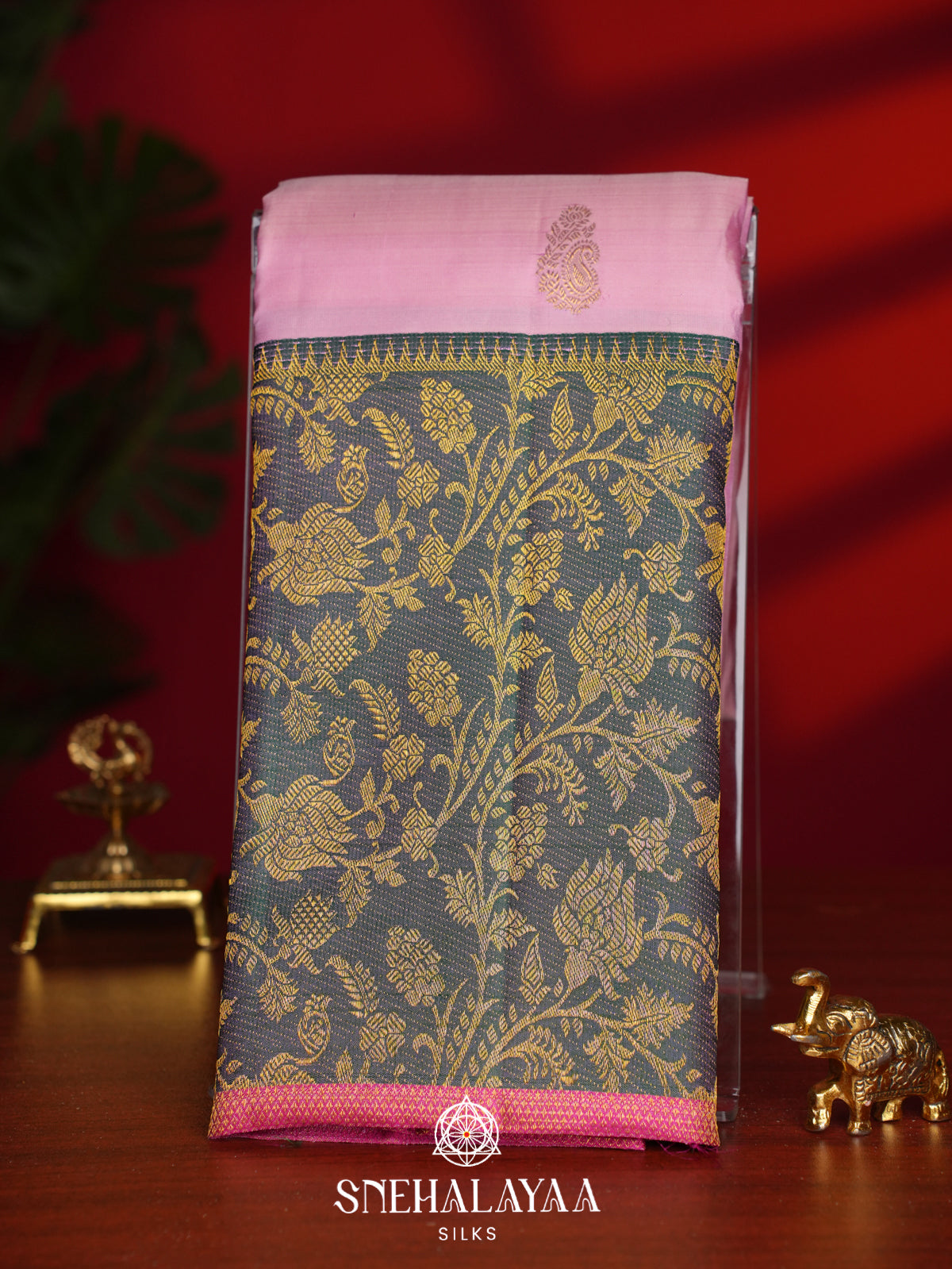 Baby Pink Kanjivaram Silk Saree with Paisley Buttas and Green Floral Zari Border