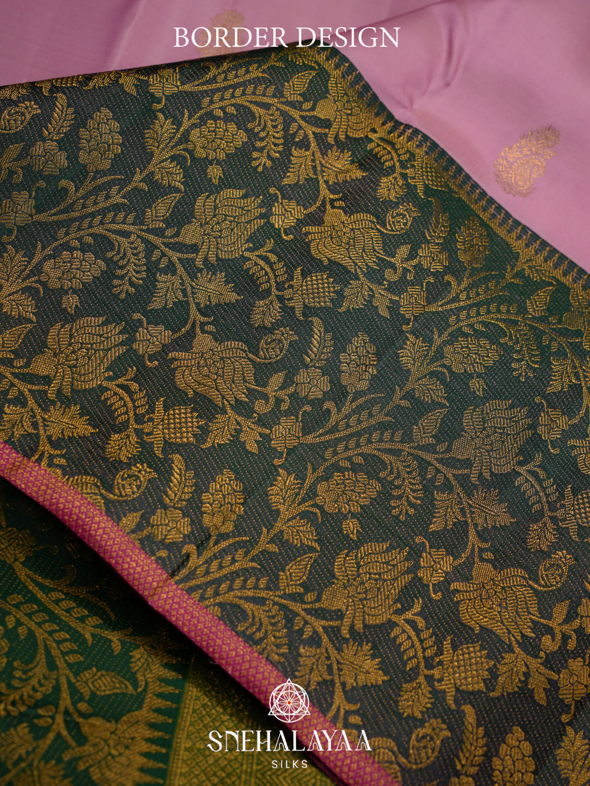 Baby Pink Kanjivaram Silk Saree with Paisley Buttas and Green Floral Zari Border
