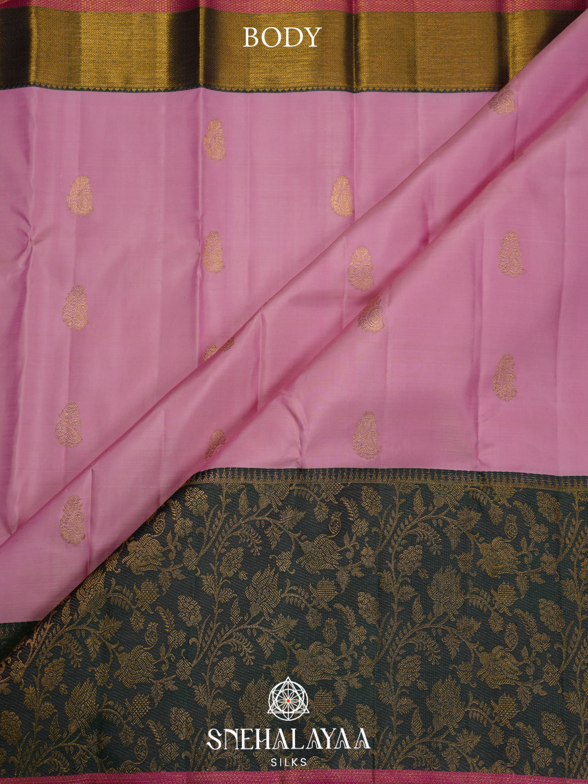 Baby Pink Kanjivaram Silk Saree with Paisley Buttas and Green Floral Zari Border