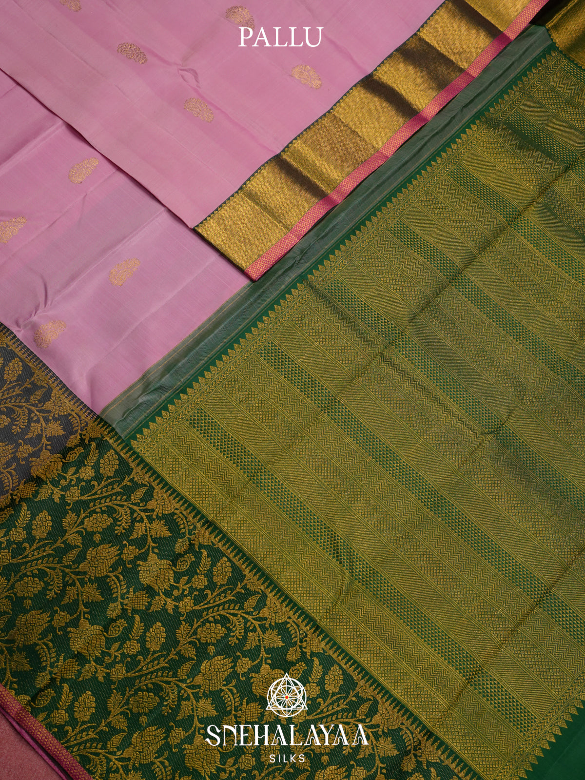 Baby Pink Kanjivaram Silk Saree with Paisley Buttas and Green Floral Zari Border