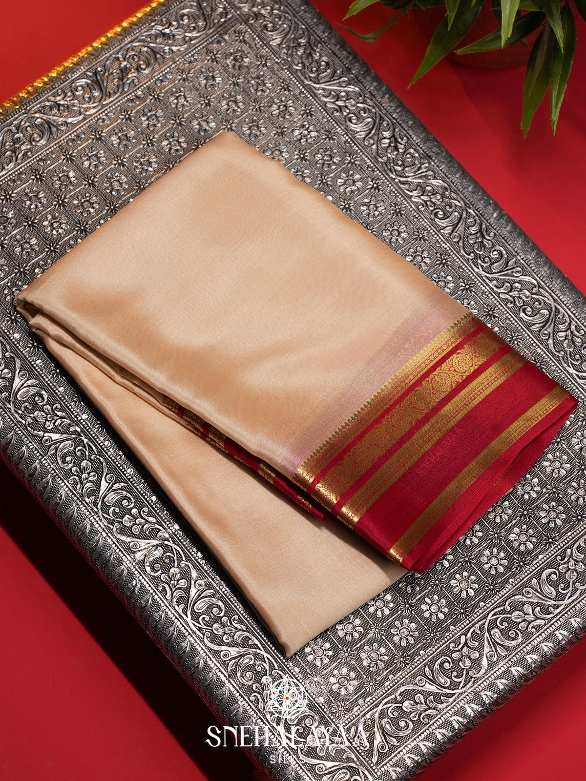 Cream Mysore Crepe  Silk Saree
