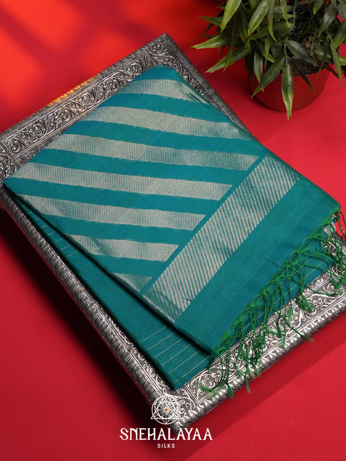 Teal Blue Kora Silk Cotton Saree