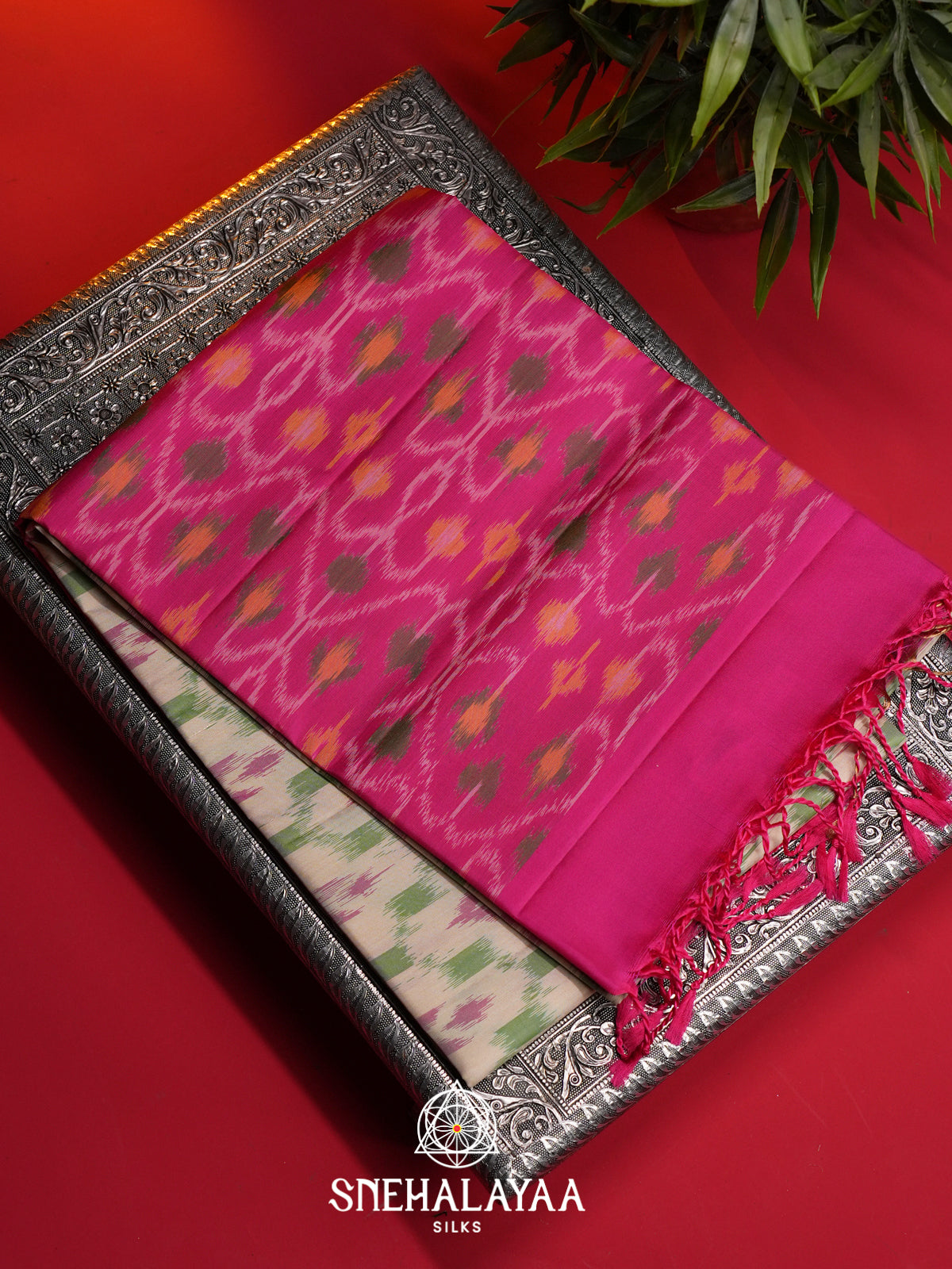 Beige Ikat Soft Silk Saree