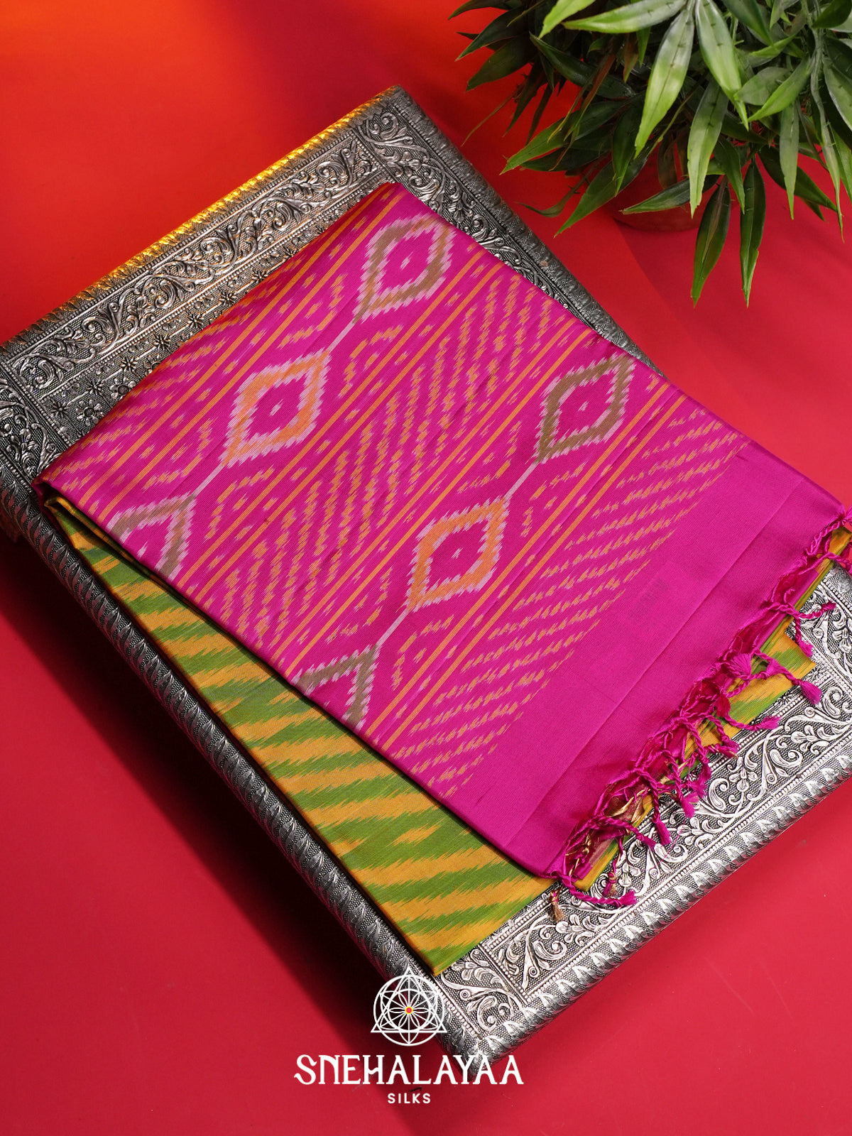 Lime Green Ikat Soft Silk Saree