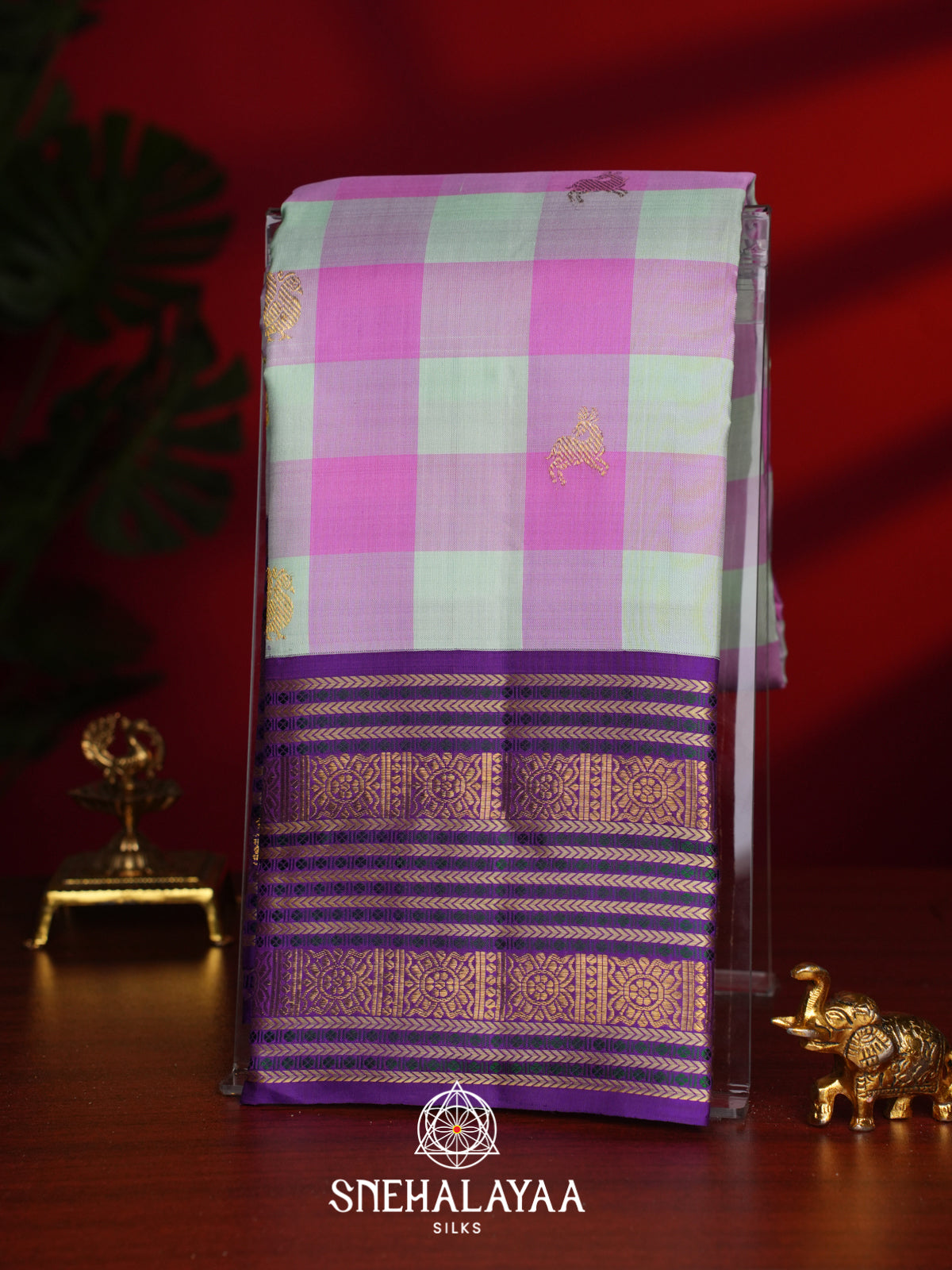 Pink Checks Kanjivaram Silk Saree