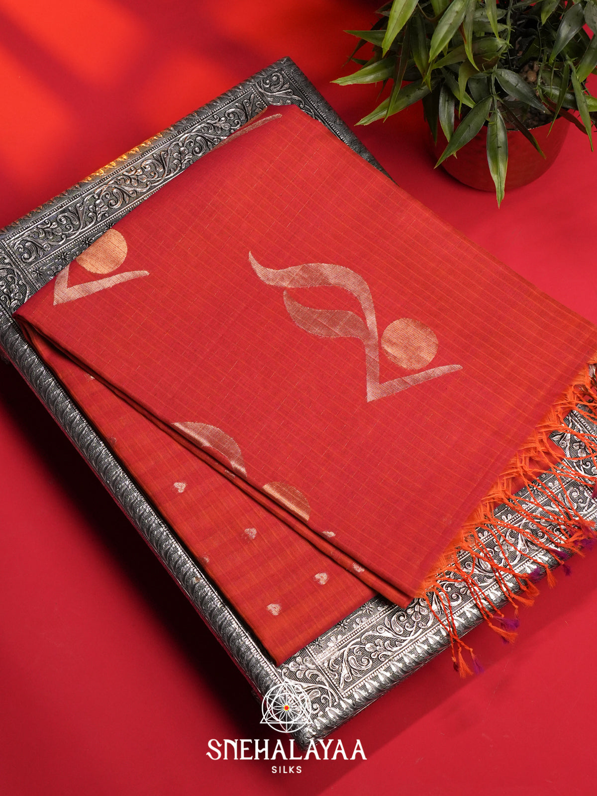 Vermilion Red Kora Silk Cotton Saree
