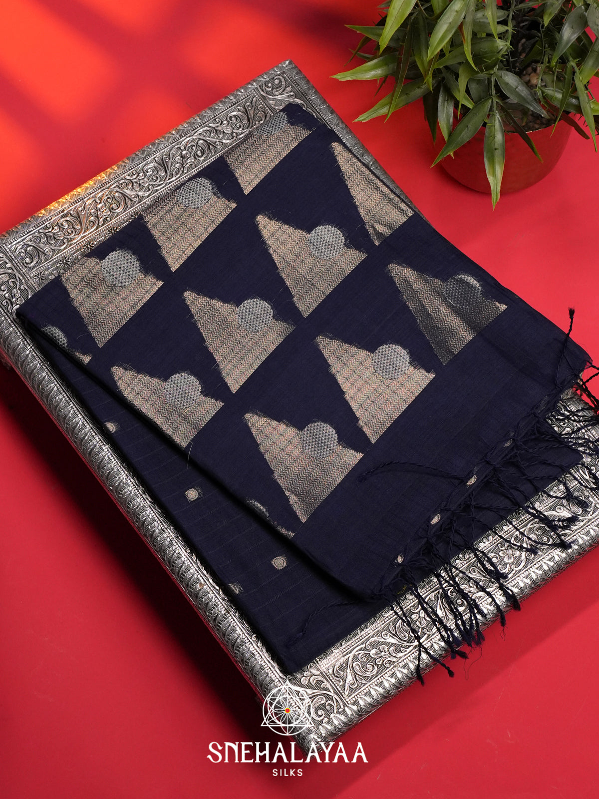 Navy Blue Kora Silk Cotton Saree