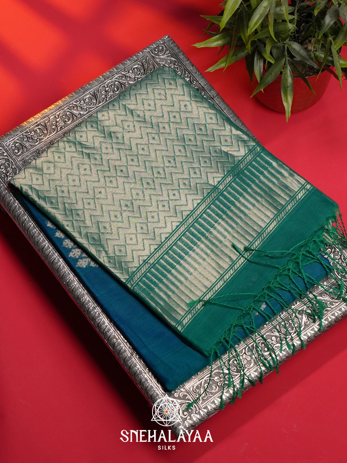Peacock Blue Kora Silk Cotton Saree