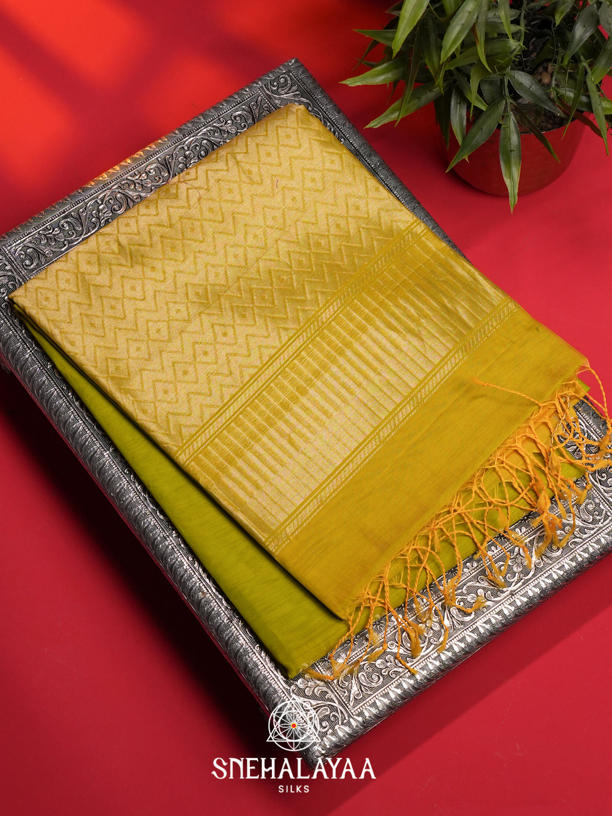 Lime Yellow Kora Silk Cotton Saree