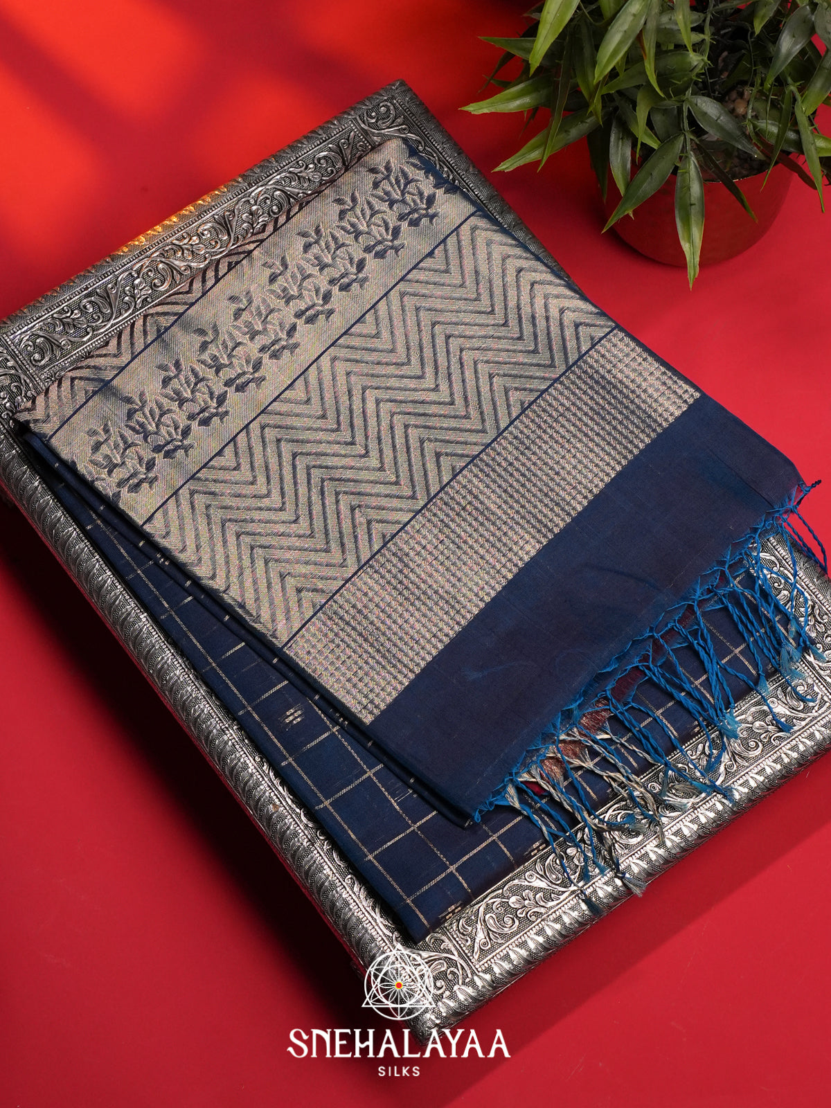 Peacock Blue Kora Silk Cotton Saree