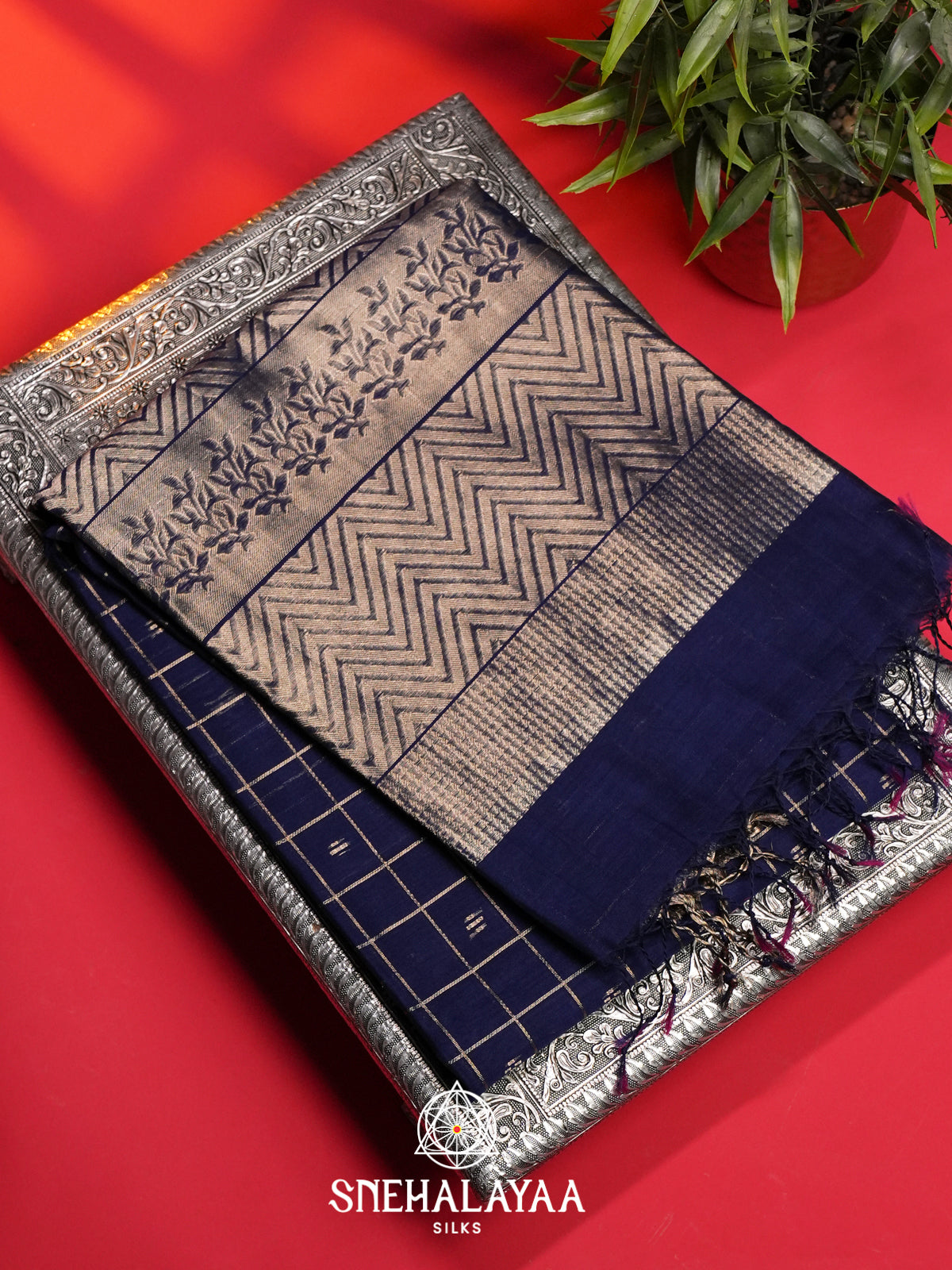 Navy Blue Kora Silk Cotton Saree