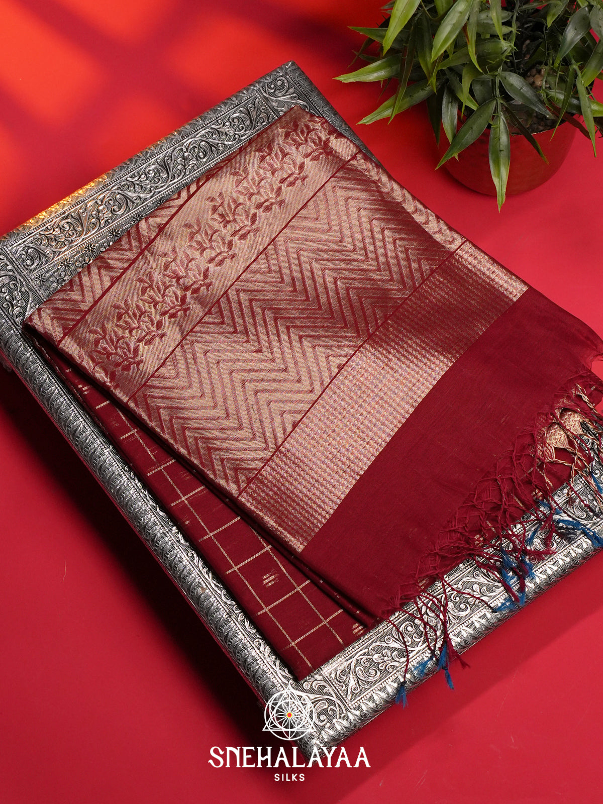 Maroon Kora Silk Cotton Saree